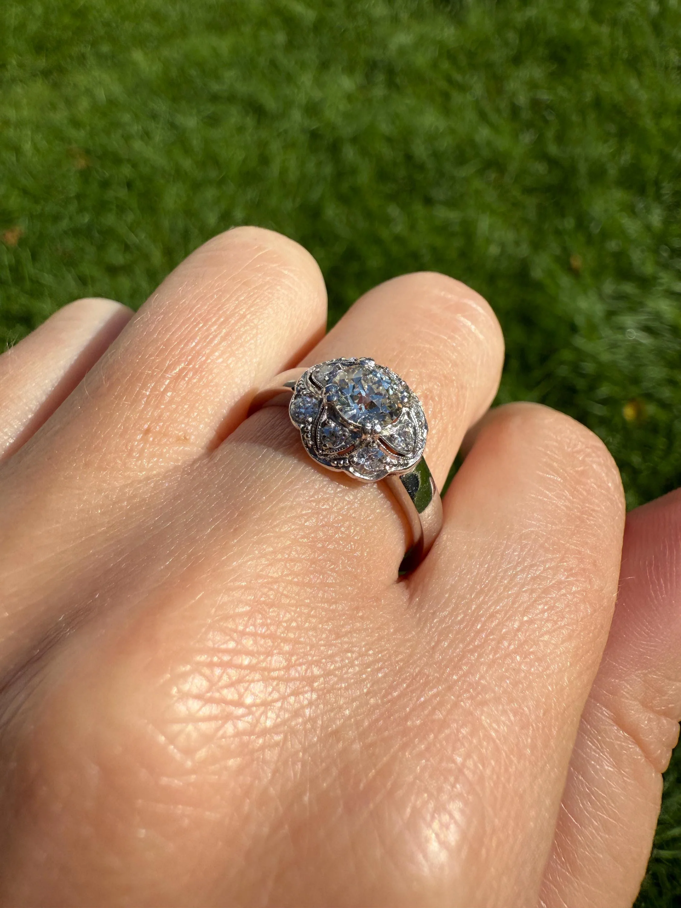 Vintage 1 Carat Tdw Antique Old European Cut Diamonds 18k White Gold Ring Scandinavian Domed Ornate Cluster Ring Art Deco Edwardian Style - Image 5