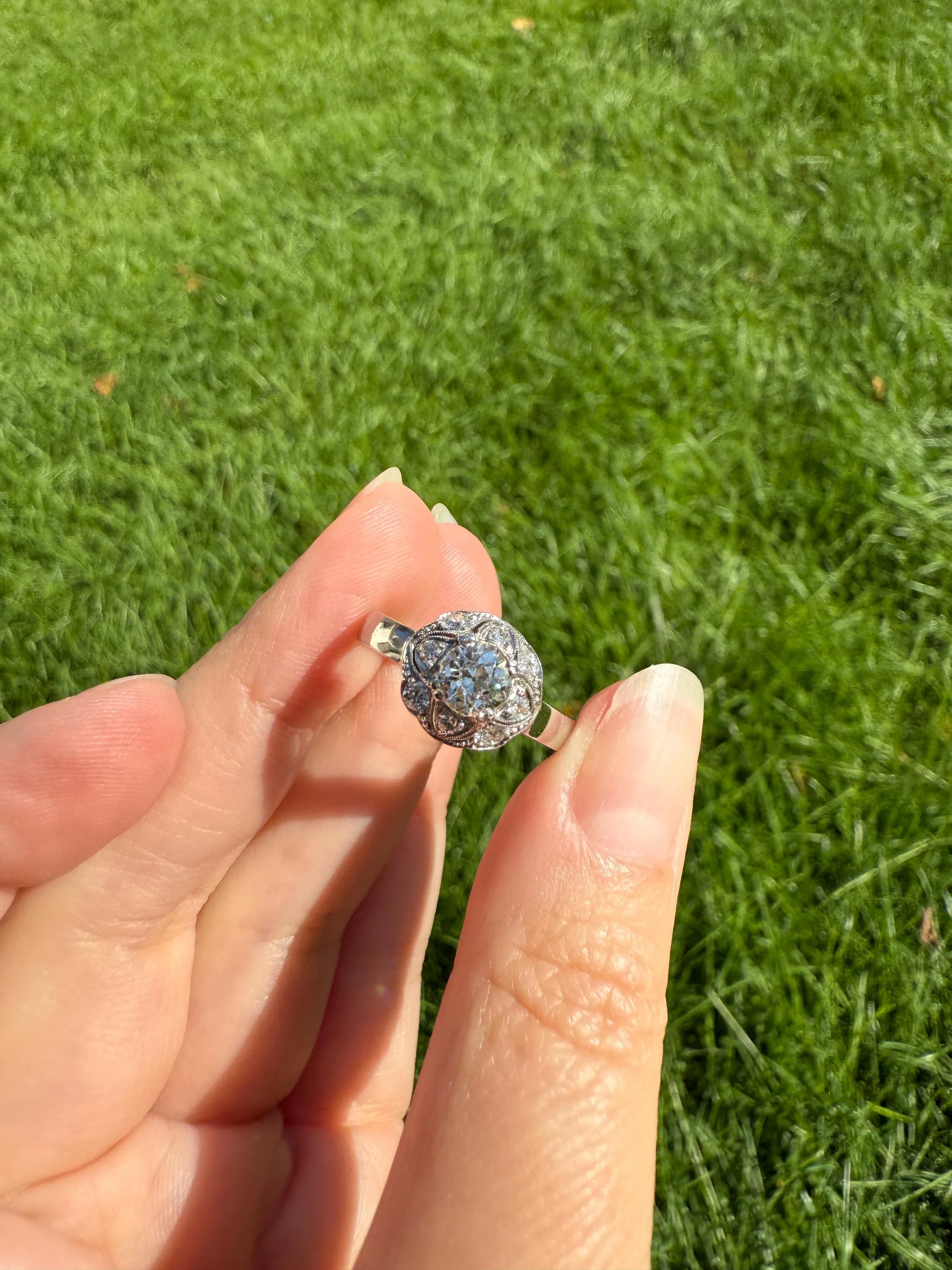 Vintage 1 Carat Tdw Antique Old European Cut Diamonds 18k White Gold Ring Scandinavian Domed Ornate Cluster Ring Art Deco Edwardian Style - Image 8