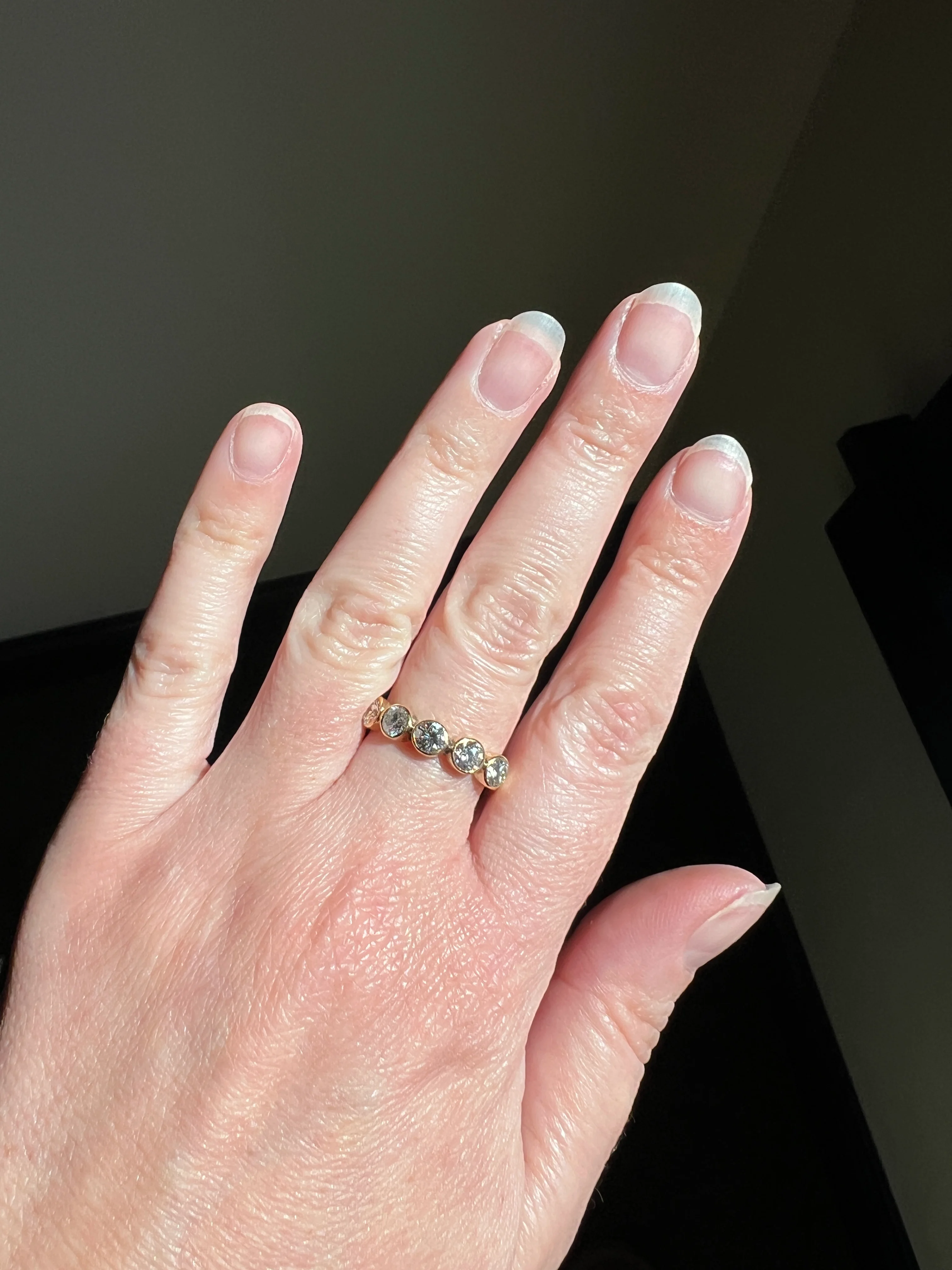 Vintage 1.35 Carat DIAMOND Uniform Five Stone Band Stacker Ring 18k Gold French Wedding Circular Bezel Set Half Hoop - Image 12