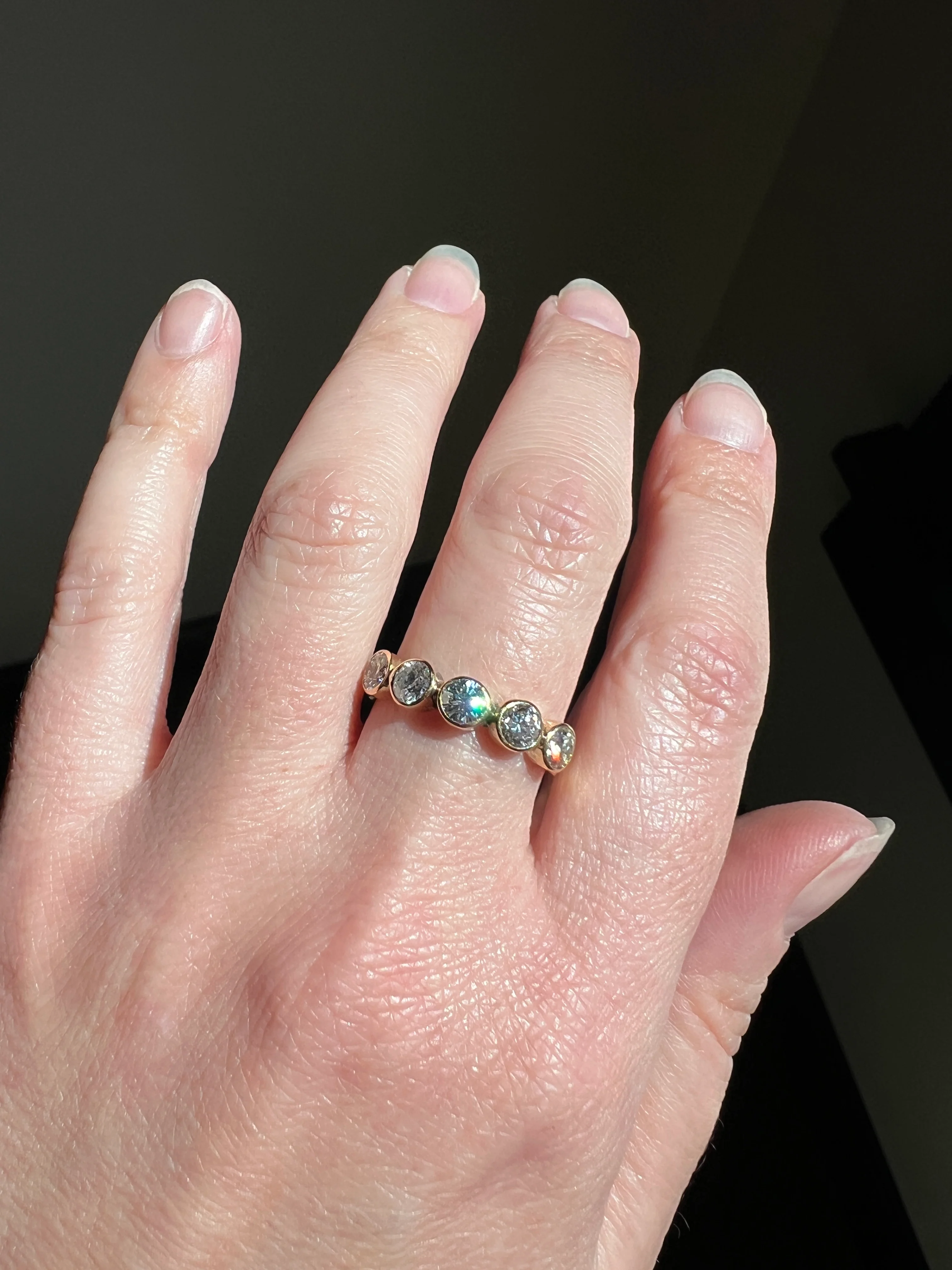 Vintage 1.35 Carat DIAMOND Uniform Five Stone Band Stacker Ring 18k Gold French Wedding Circular Bezel Set Half Hoop - Image 13