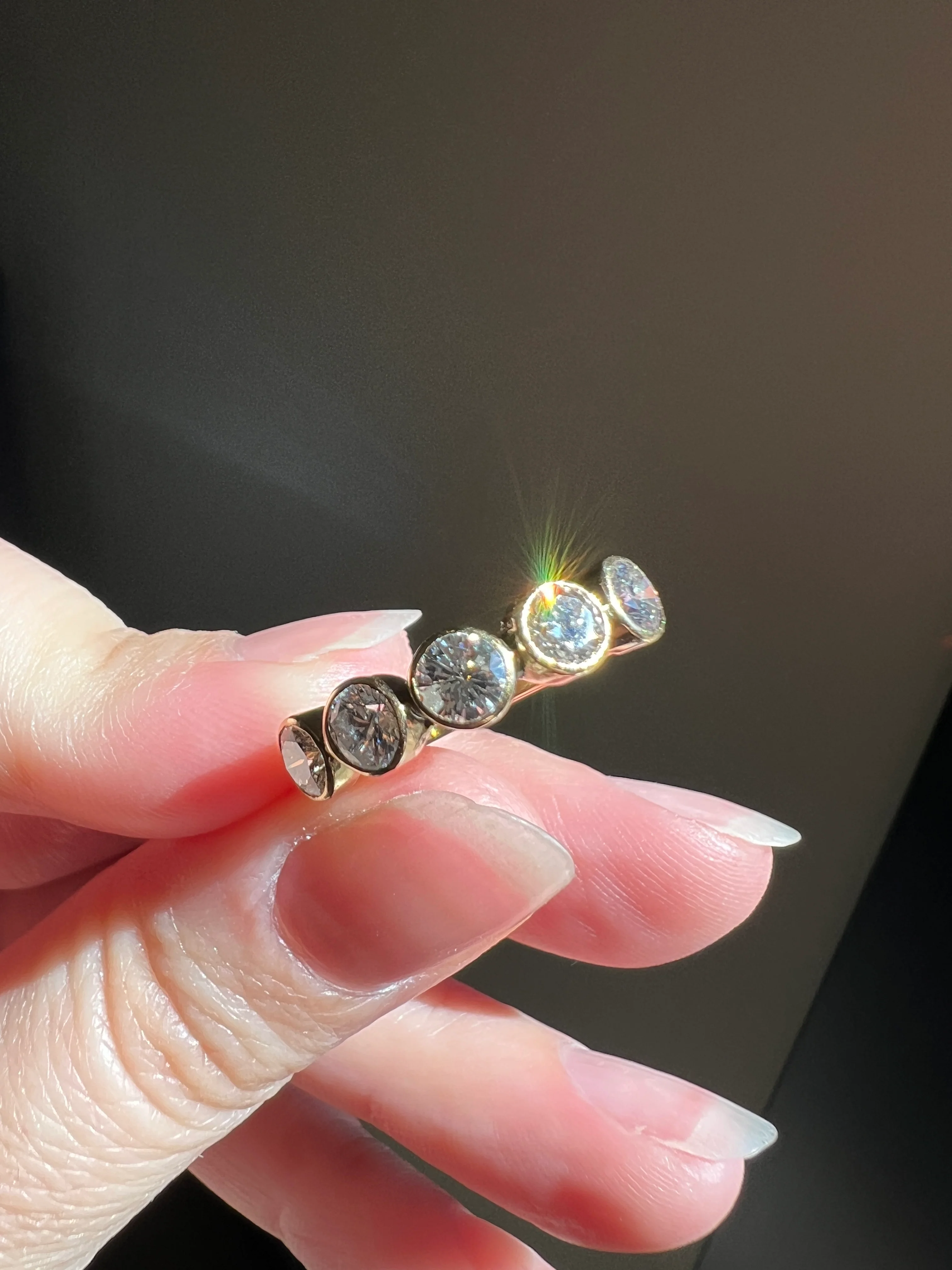 Vintage 1.35 Carat DIAMOND Uniform Five Stone Band Stacker Ring 18k Gold French Wedding Circular Bezel Set Half Hoop - Image 16