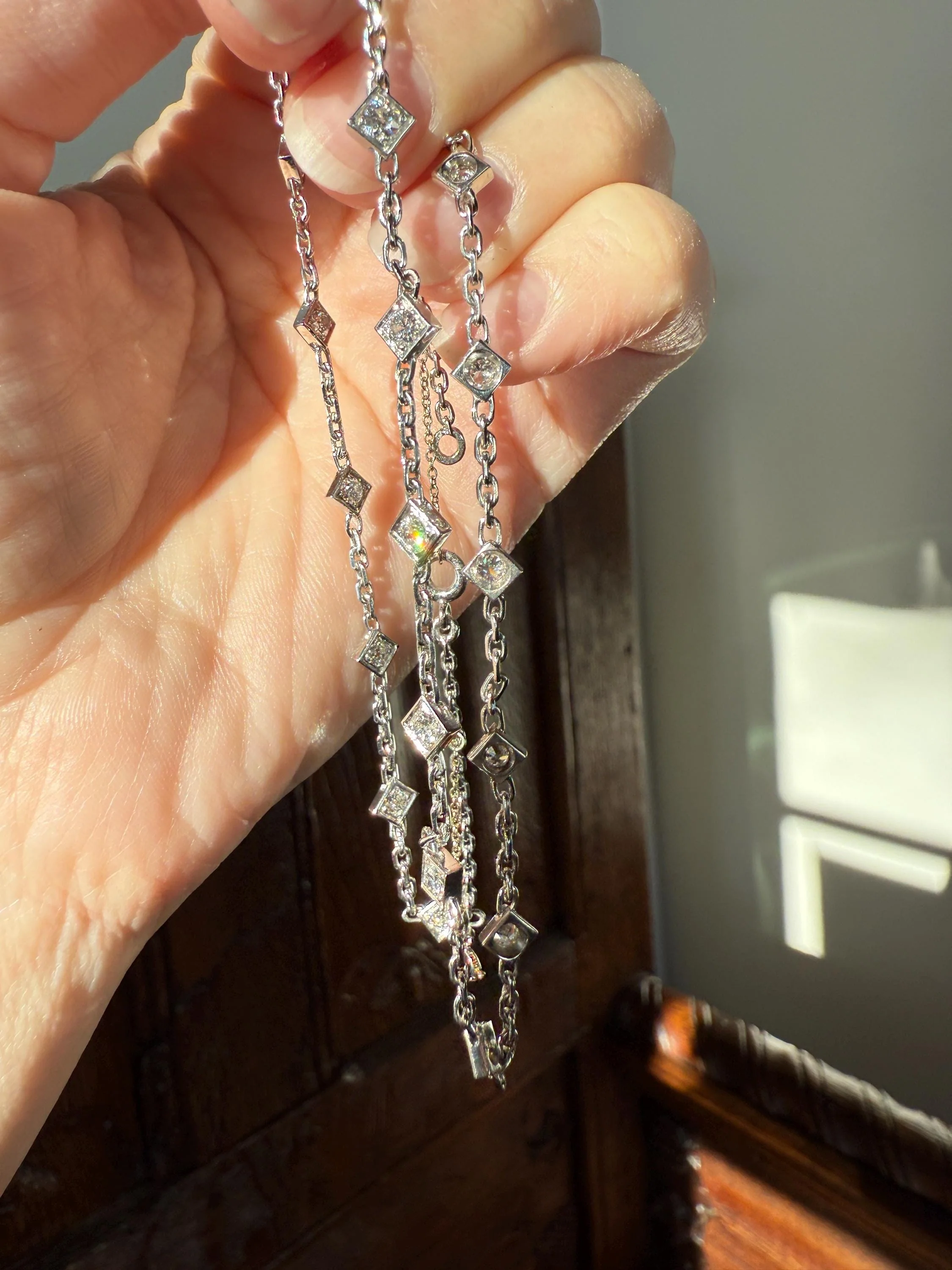 Vintage 2 Carats Natural Old Mine Cut DIAMOND Square Pendants 18k White Gold Solid Station Chain Necklace Minimalist Diamonds by the Yard - Image 12