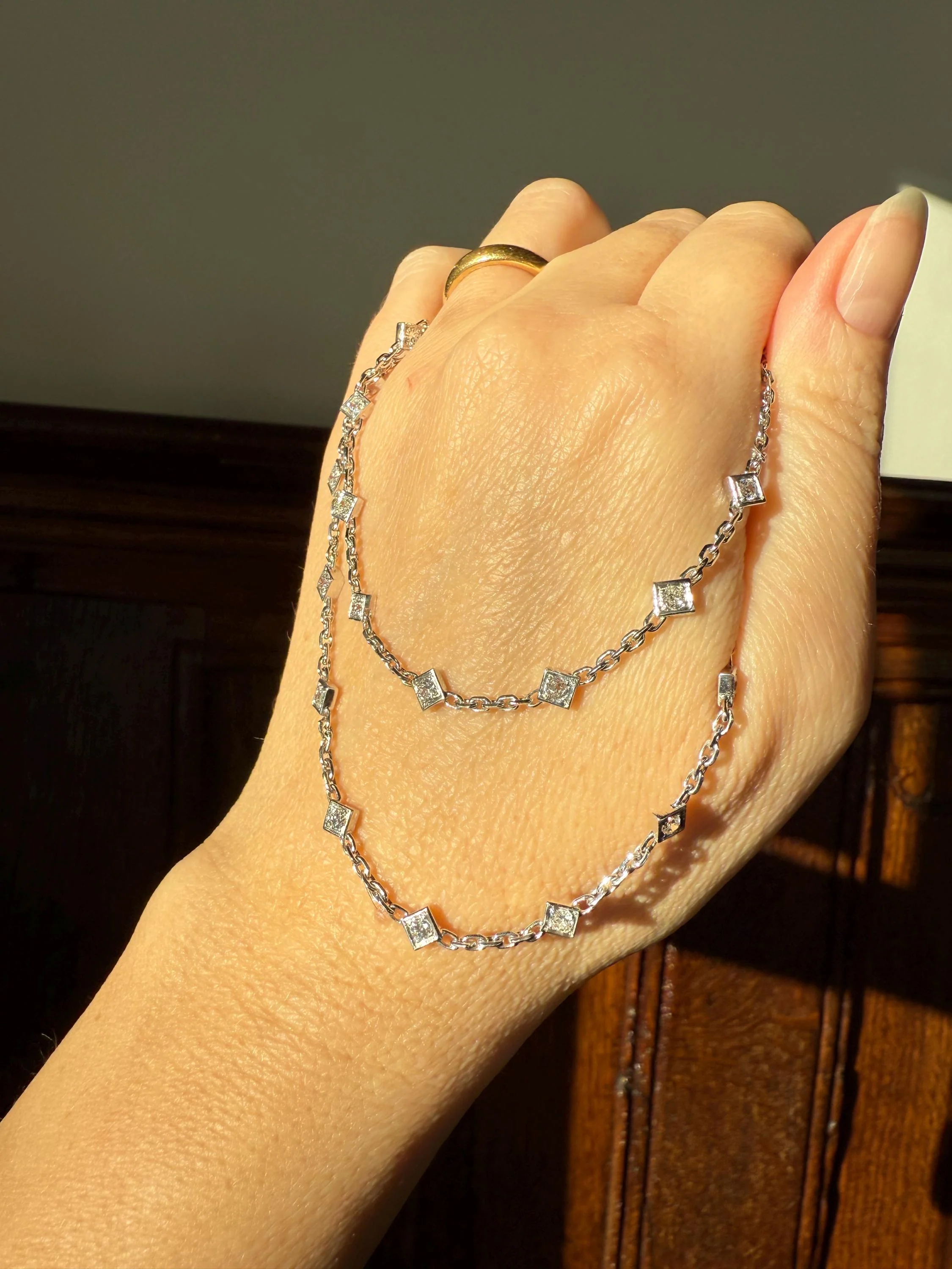 Vintage 2 Carats Natural Old Mine Cut DIAMOND Square Pendants 18k White Gold Solid Station Chain Necklace Minimalist Diamonds by the Yard - Image 13