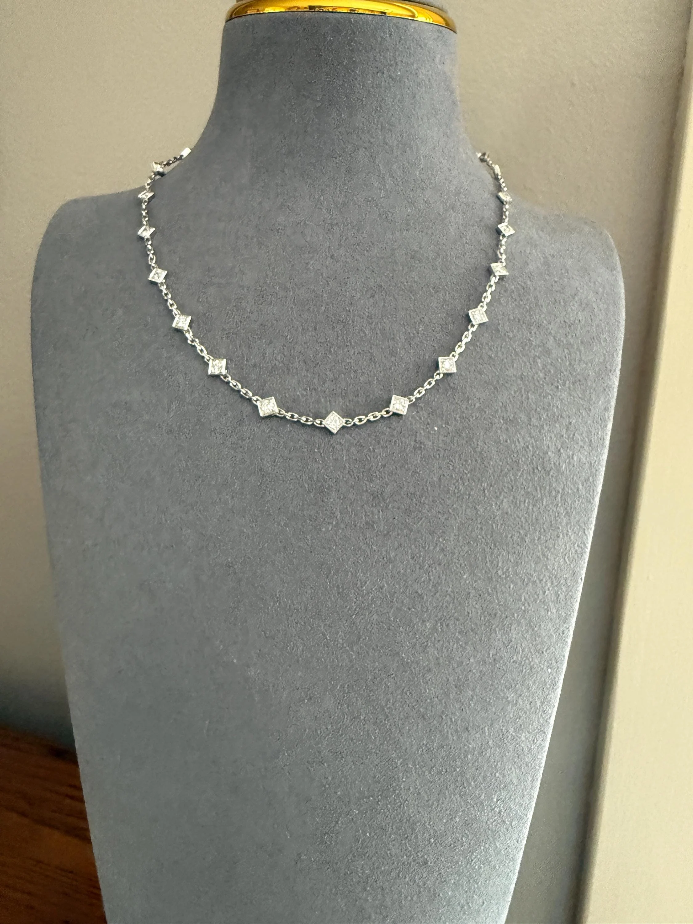Vintage 2 Carats Natural Old Mine Cut DIAMOND Square Pendants 18k White Gold Solid Station Chain Necklace Minimalist Diamonds by the Yard - Image 16