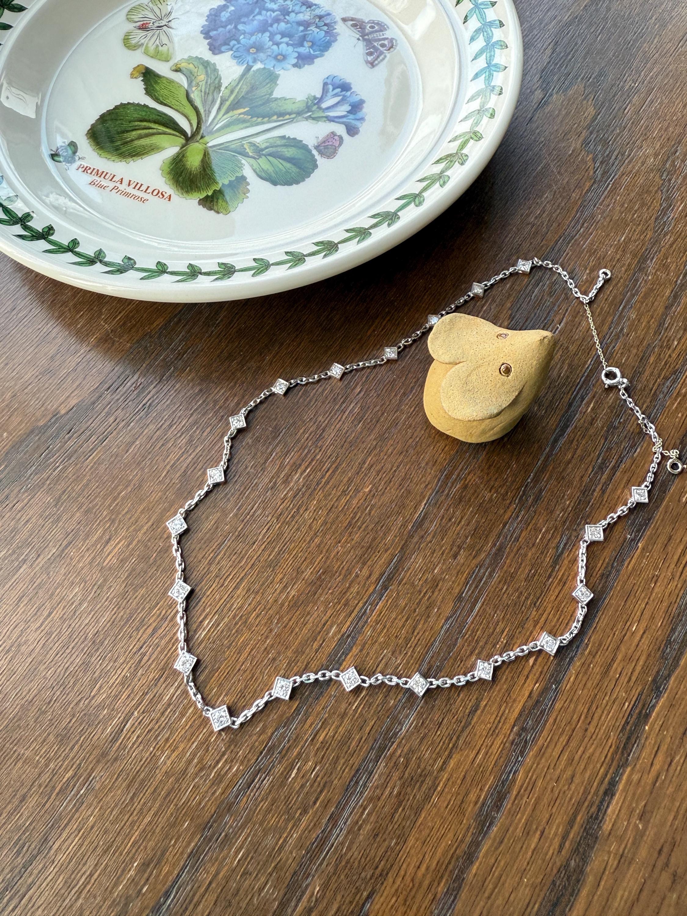Vintage 2 Carats Natural Old Mine Cut DIAMOND Square Pendants 18k White Gold Solid Station Chain Necklace Minimalist Diamonds by the Yard - Image 18