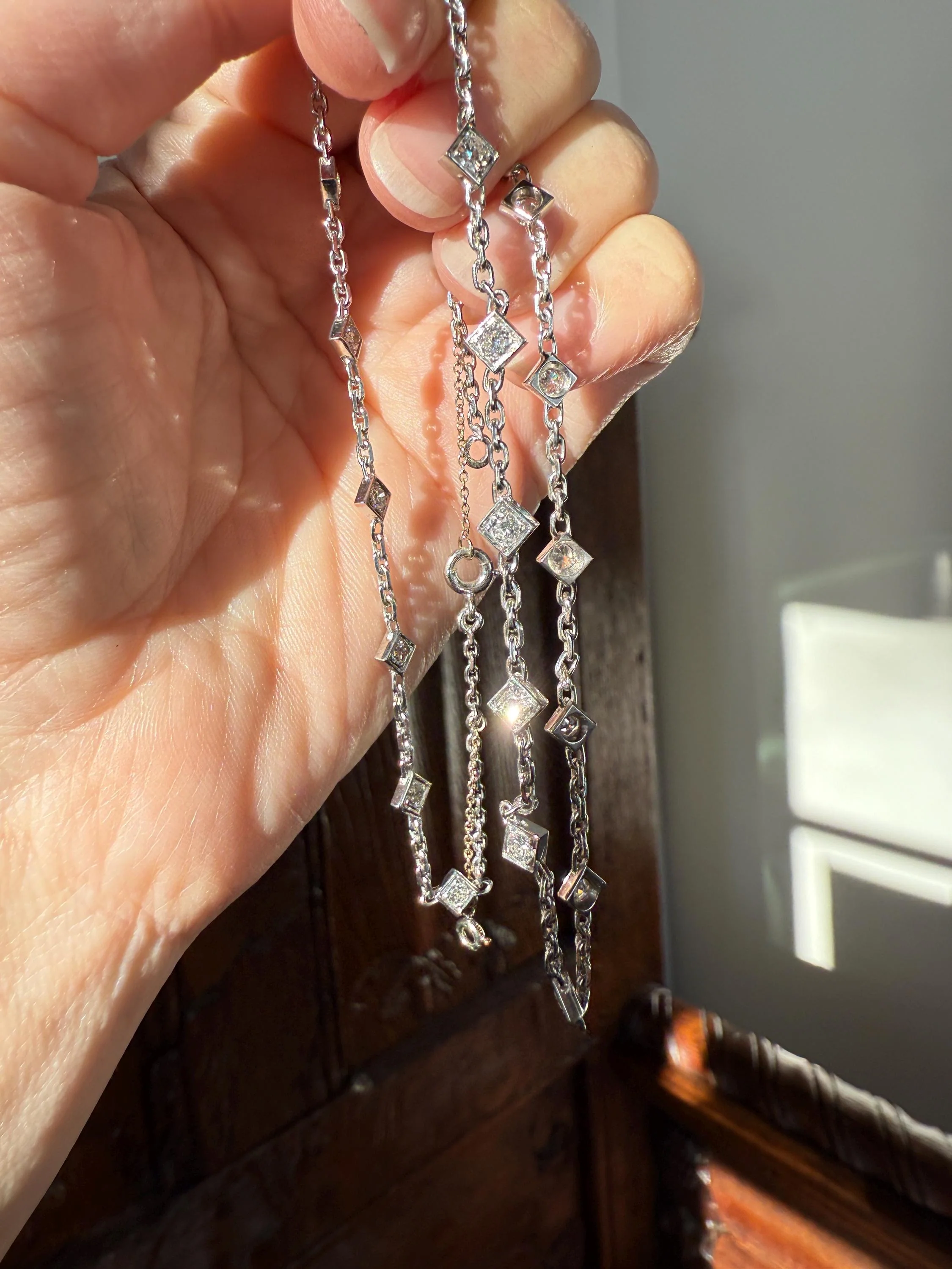 Vintage 2 Carats Natural Old Mine Cut DIAMOND Square Pendants 18k White Gold Solid Station Chain Necklace Minimalist Diamonds by the Yard - Image 2