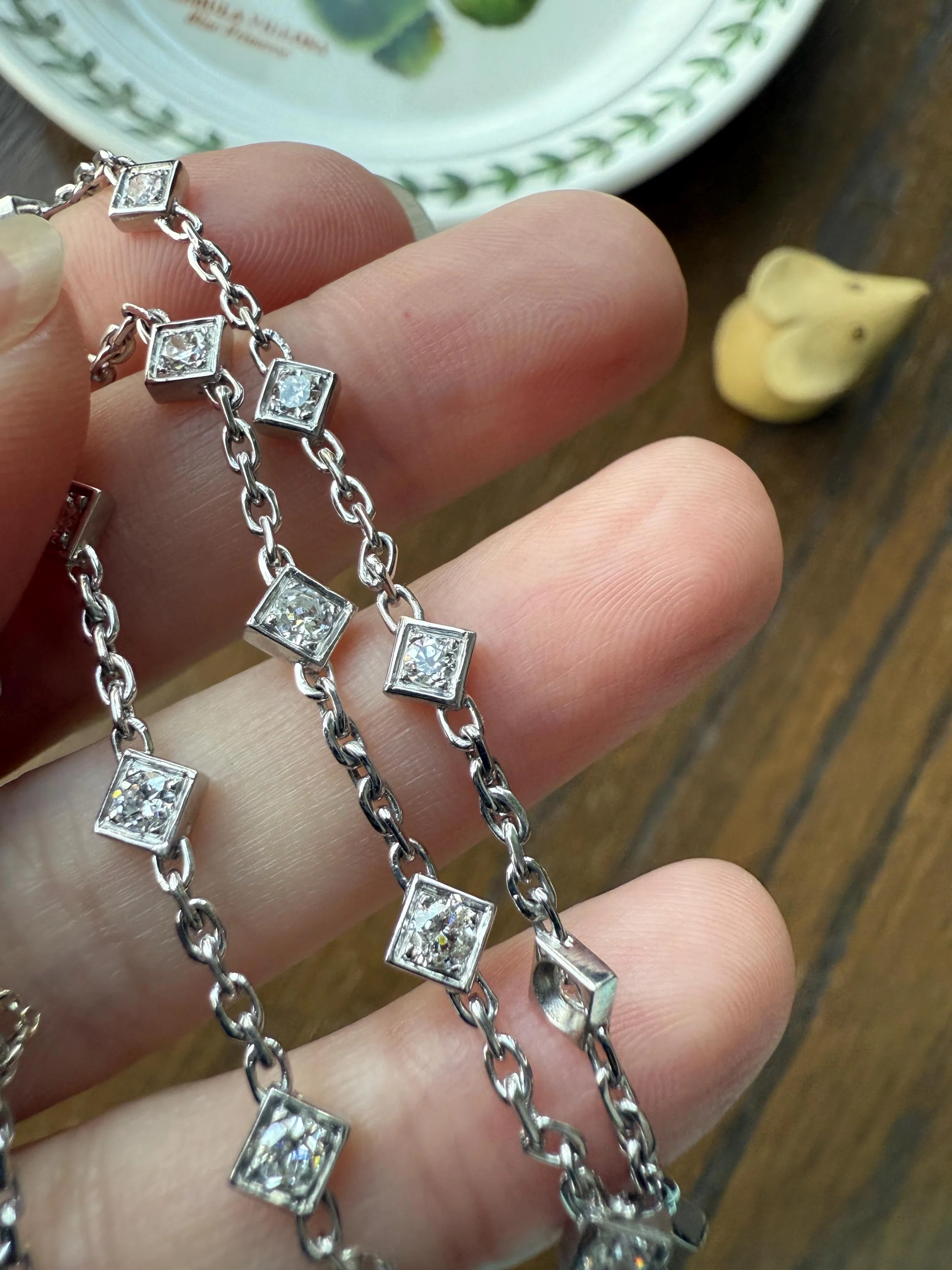 Vintage 2 Carats Natural Old Mine Cut DIAMOND Square Pendants 18k White Gold Solid Station Chain Necklace Minimalist Diamonds by the Yard - Image 3