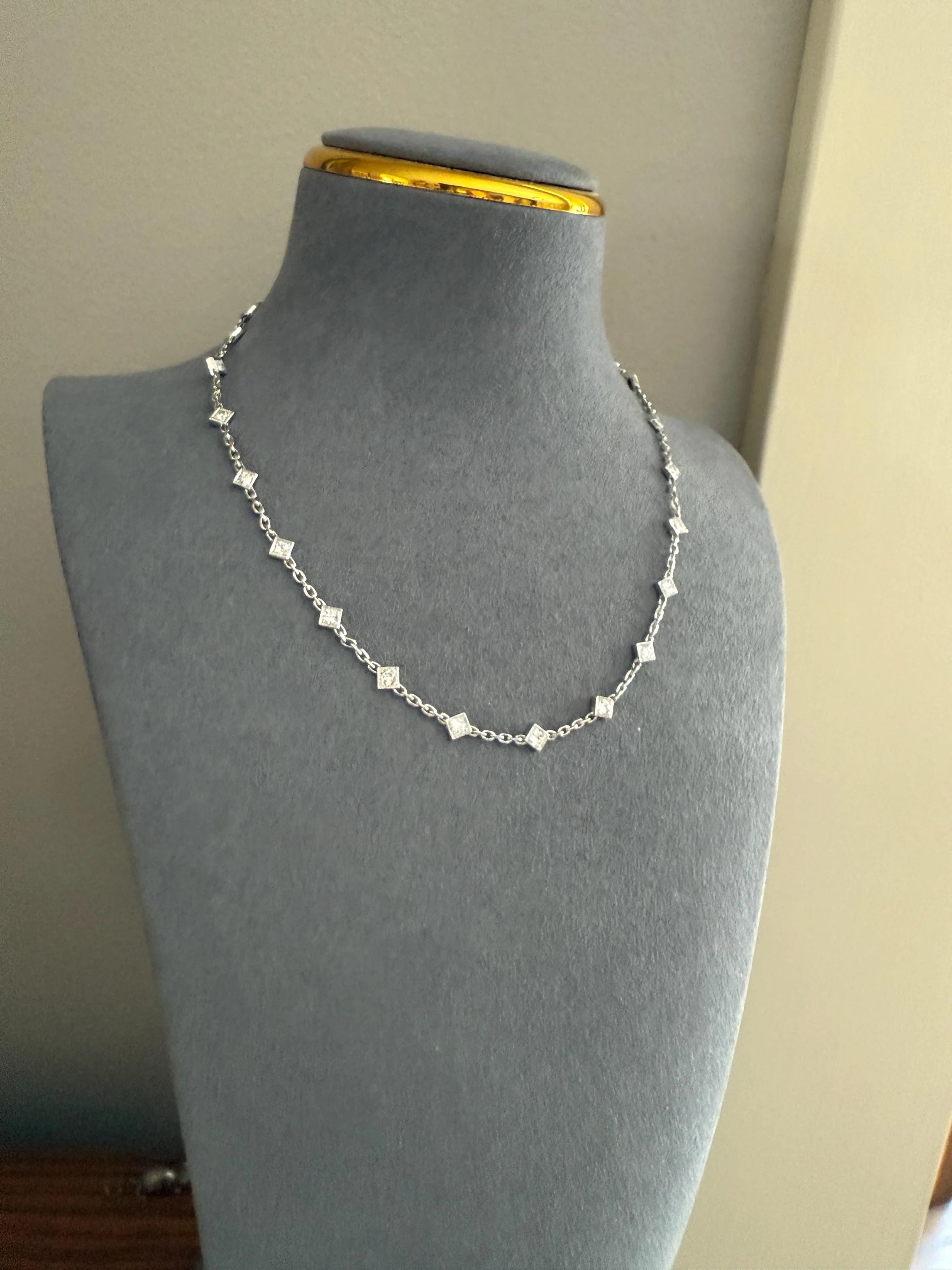 Vintage 2 Carats Natural Old Mine Cut DIAMOND Square Pendants 18k White Gold Solid Station Chain Necklace Minimalist Diamonds by the Yard - Image 5