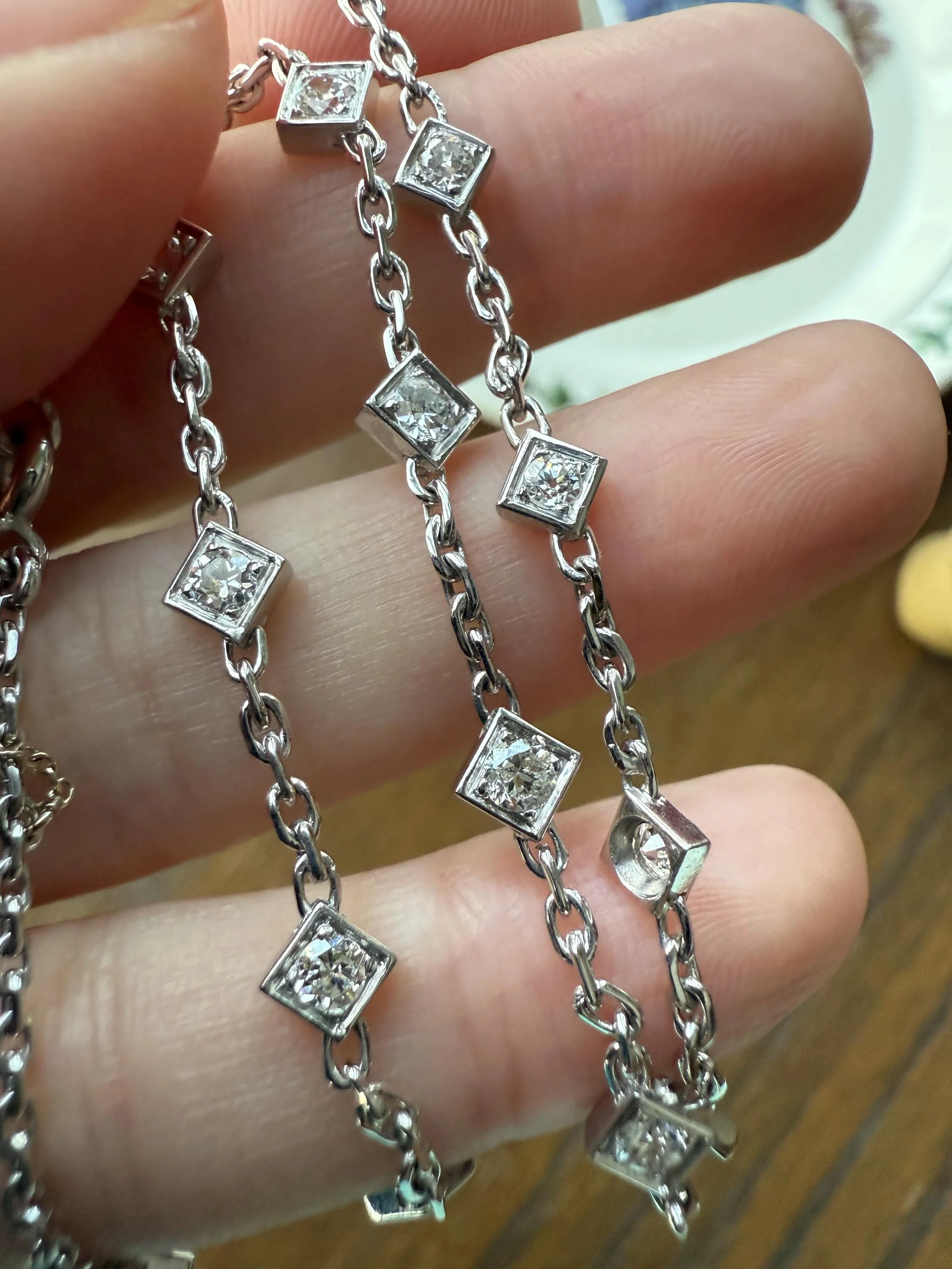 Vintage 2 Carats Natural Old Mine Cut DIAMOND Square Pendants 18k White Gold Solid Station Chain Necklace Minimalist Diamonds by the Yard - Image 6
