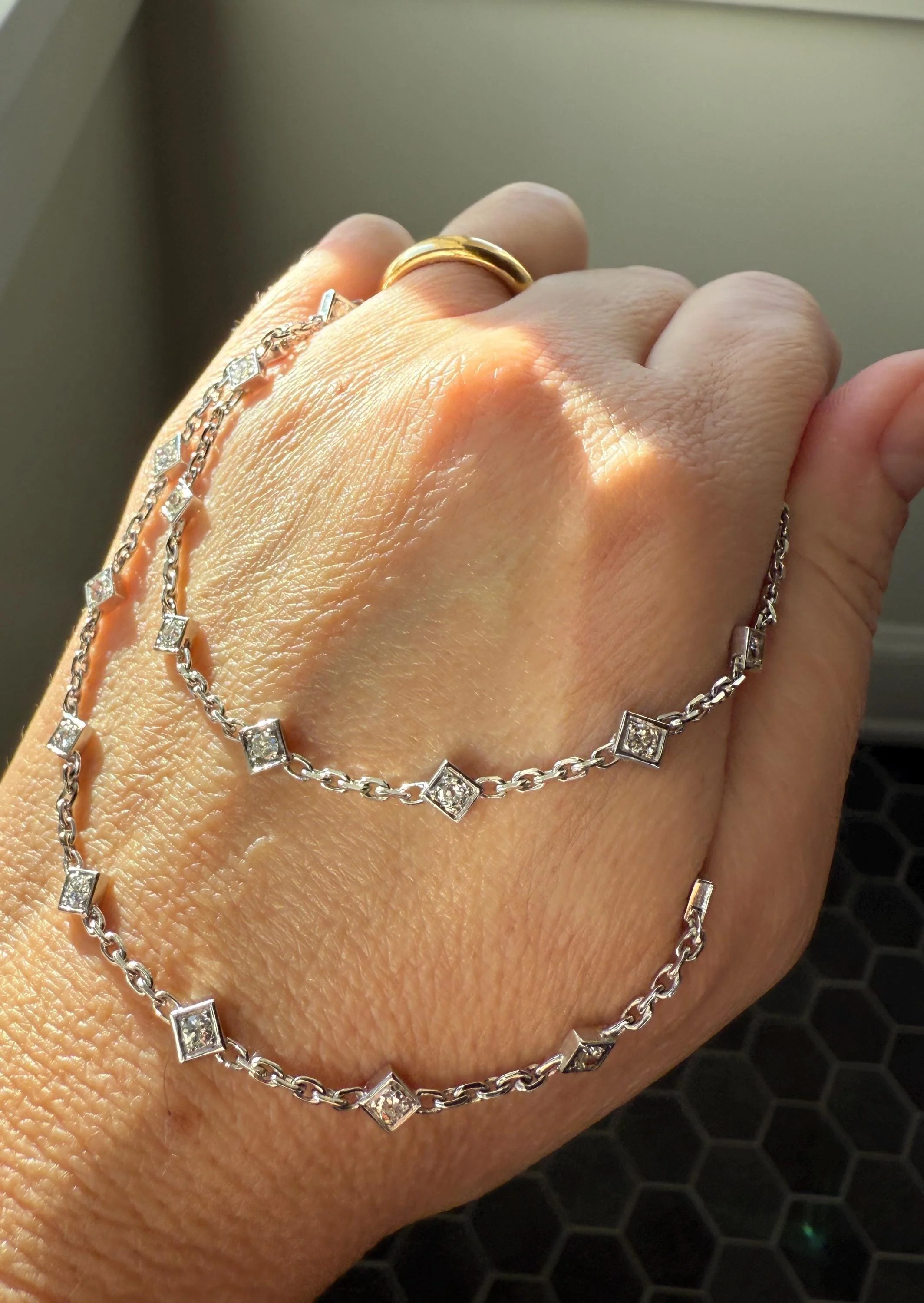 Vintage 2 Carats Natural Old Mine Cut DIAMOND Square Pendants 18k White Gold Solid Station Chain Necklace Minimalist Diamonds by the Yard - Image 7