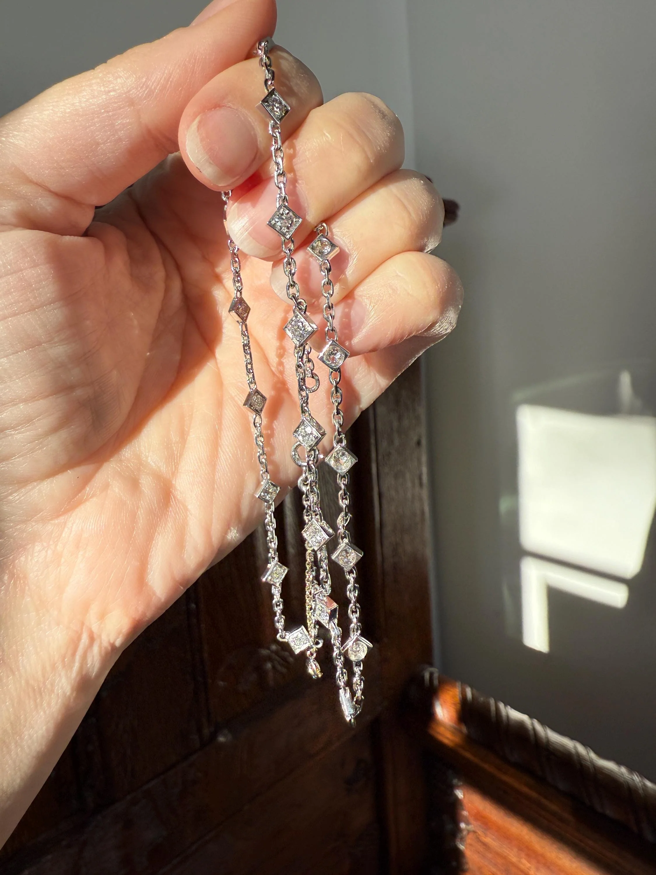 Vintage 2 Carats Natural Old Mine Cut DIAMOND Square Pendants 18k White Gold Solid Station Chain Necklace Minimalist Diamonds by the Yard - Image 9