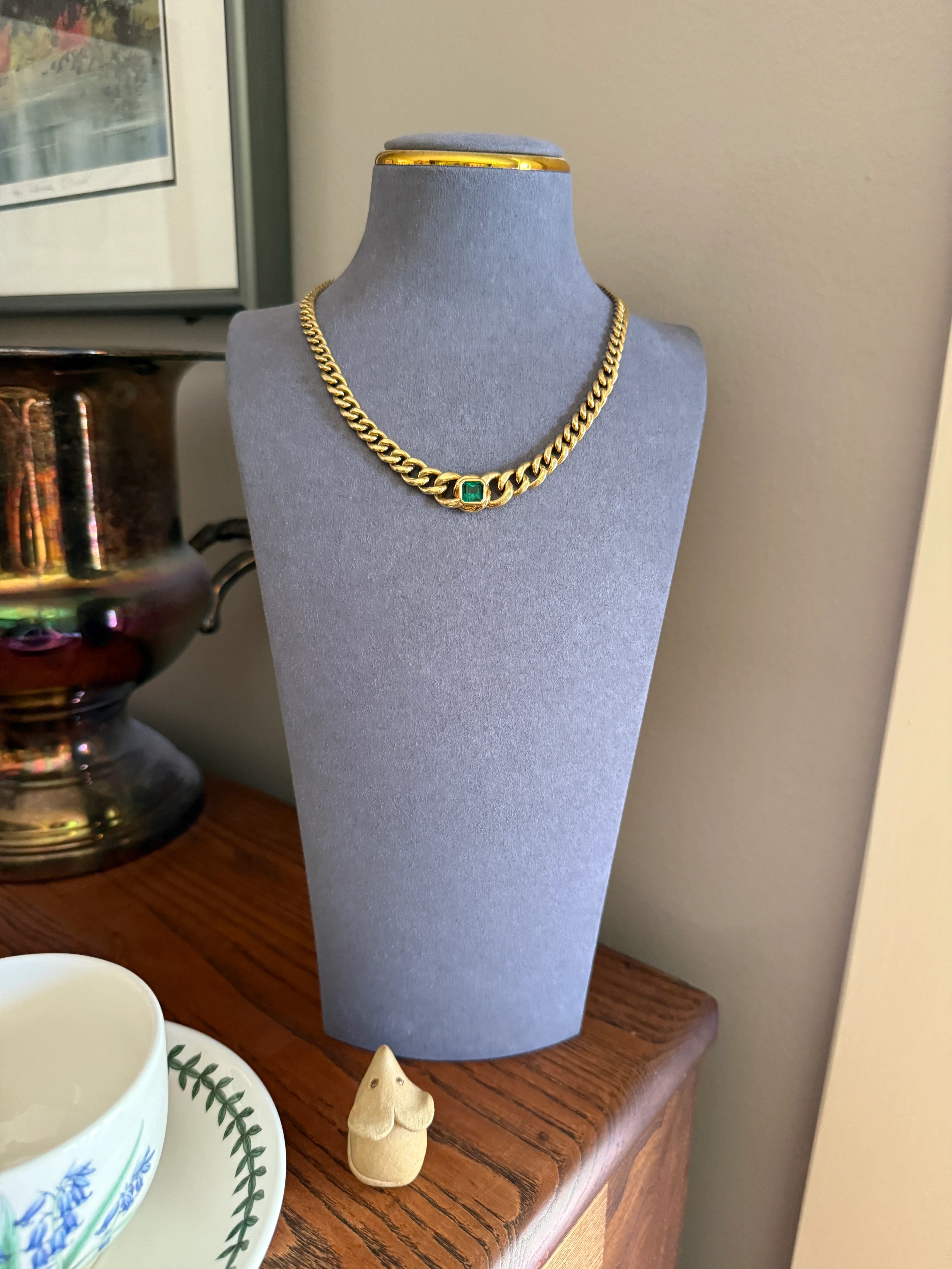 Vintage 26g 18k Gold Natural EMERALD French Curb Chain DATED Cert & ORIGINAL Gouache Drawing Design Heavy Unisex Chunky Green - Image 11