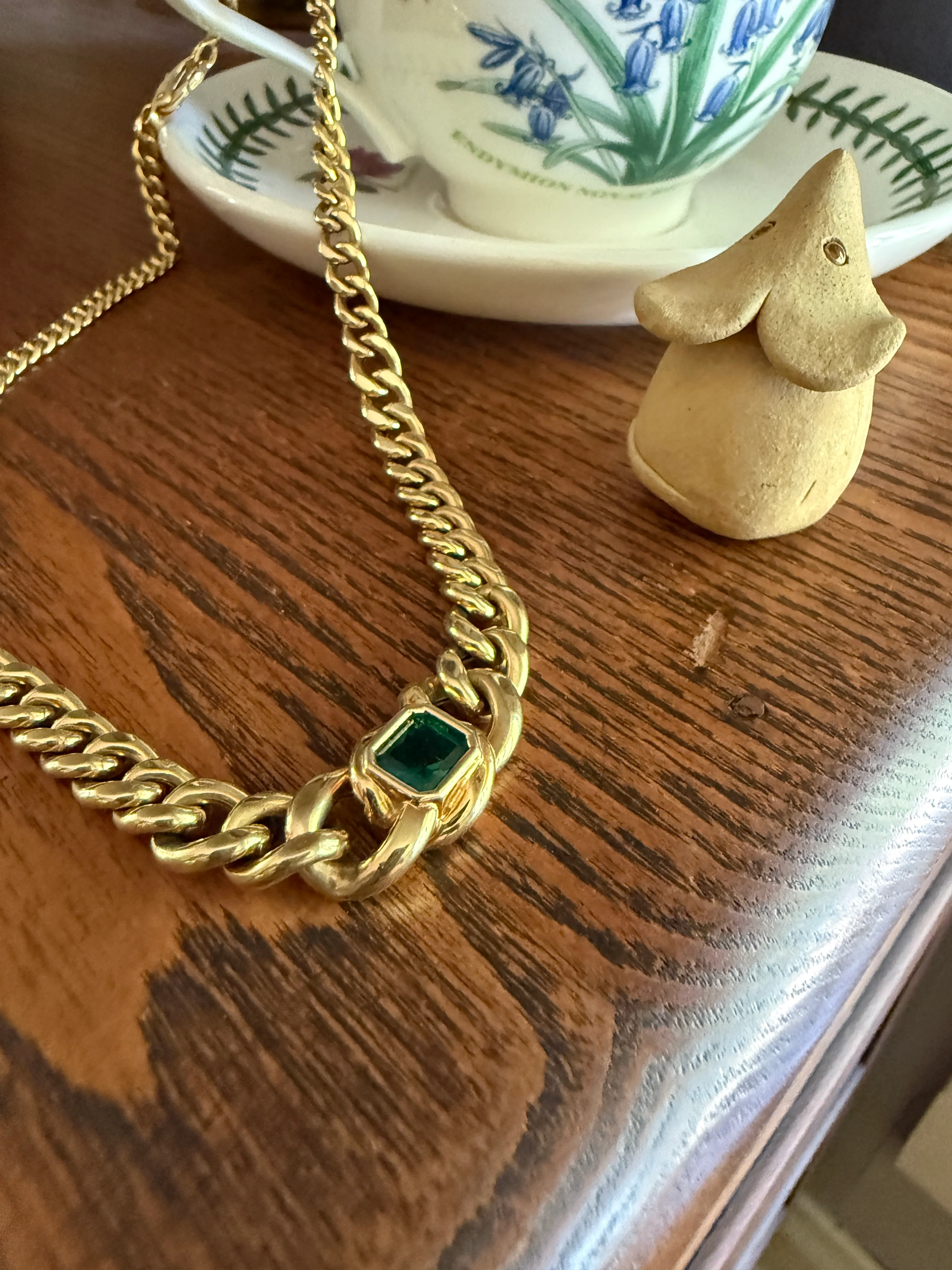 Vintage 26g 18k Gold Natural EMERALD French Curb Chain DATED Cert & ORIGINAL Gouache Drawing Design Heavy Unisex Chunky Green - Image 12