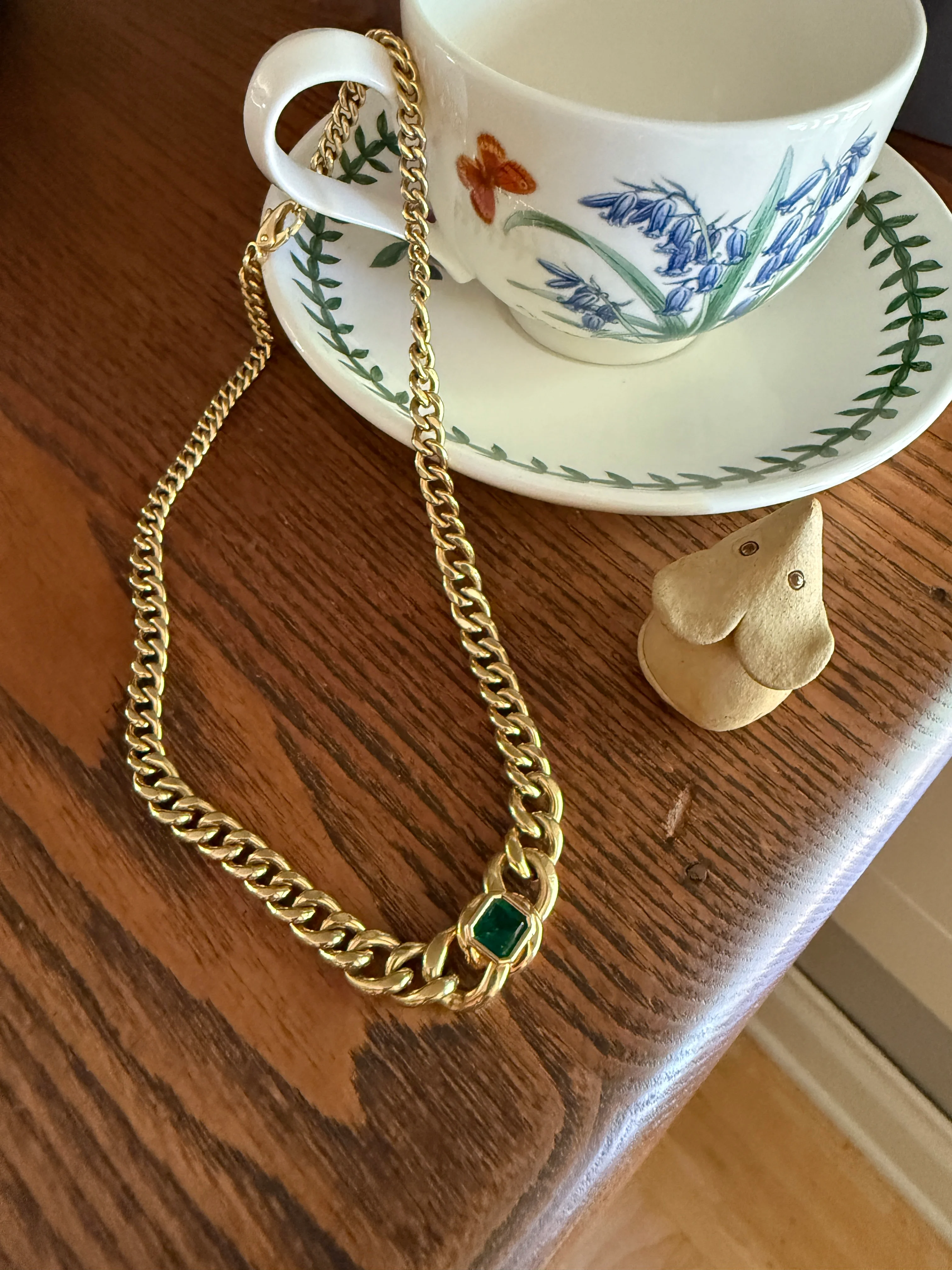 Vintage 26g 18k Gold Natural EMERALD French Curb Chain DATED Cert & ORIGINAL Gouache Drawing Design Heavy Unisex Chunky Green - Image 13