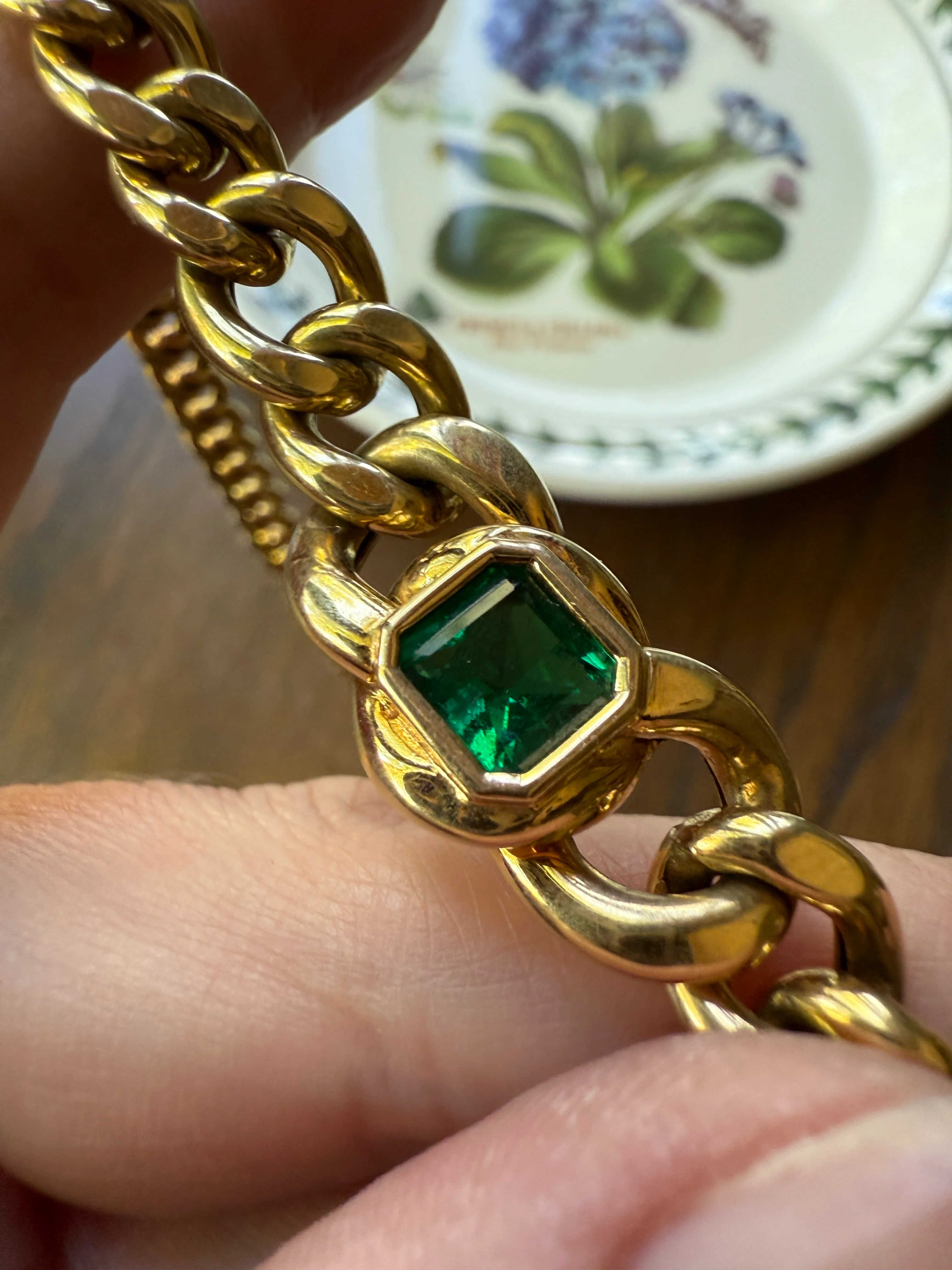 Vintage 26g 18k Gold Natural EMERALD French Curb Chain DATED Cert & ORIGINAL Gouache Drawing Design Heavy Unisex Chunky Green - Image 15