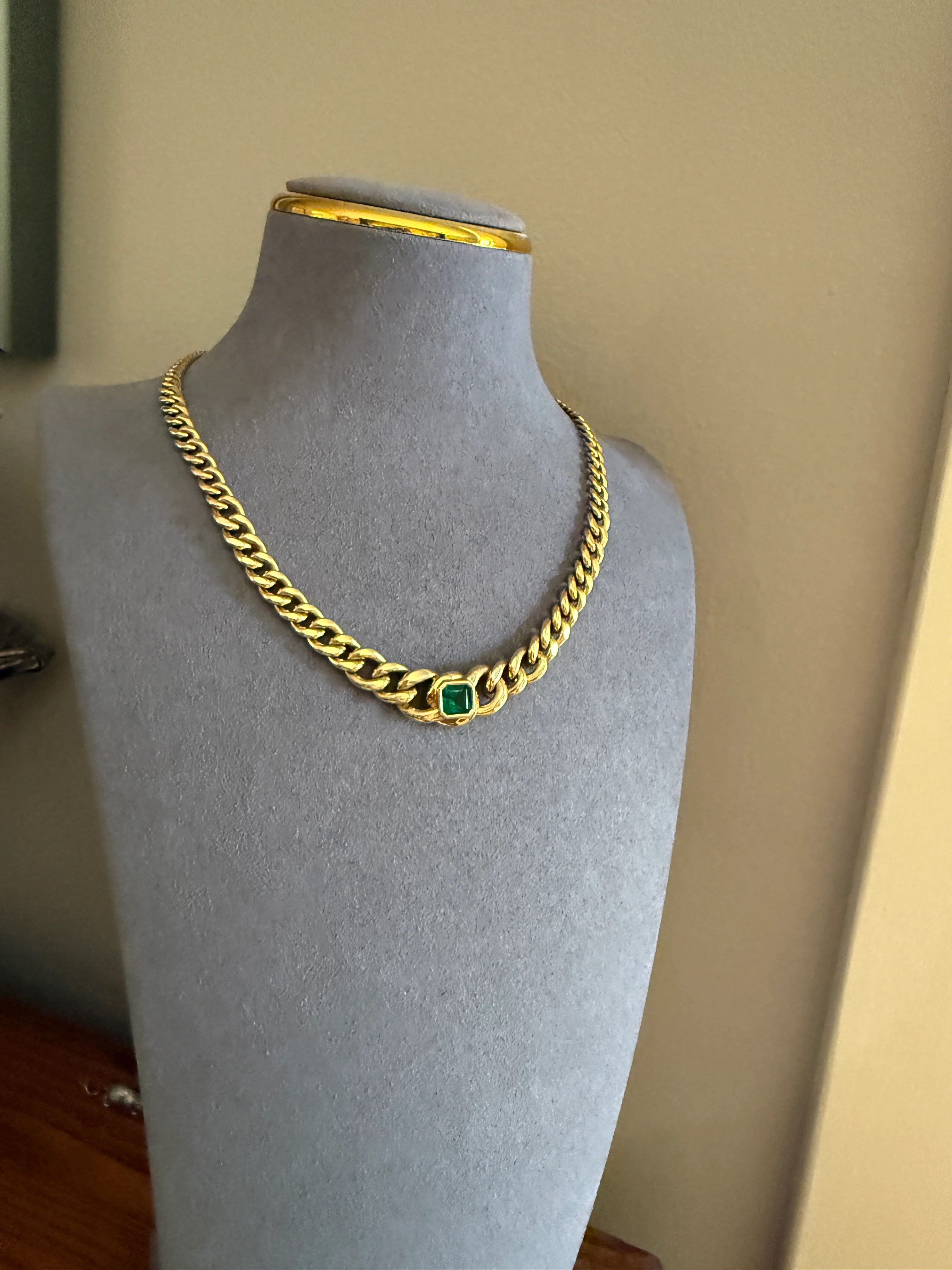 Vintage 26g 18k Gold Natural EMERALD French Curb Chain DATED Cert & ORIGINAL Gouache Drawing Design Heavy Unisex Chunky Green - Image 19