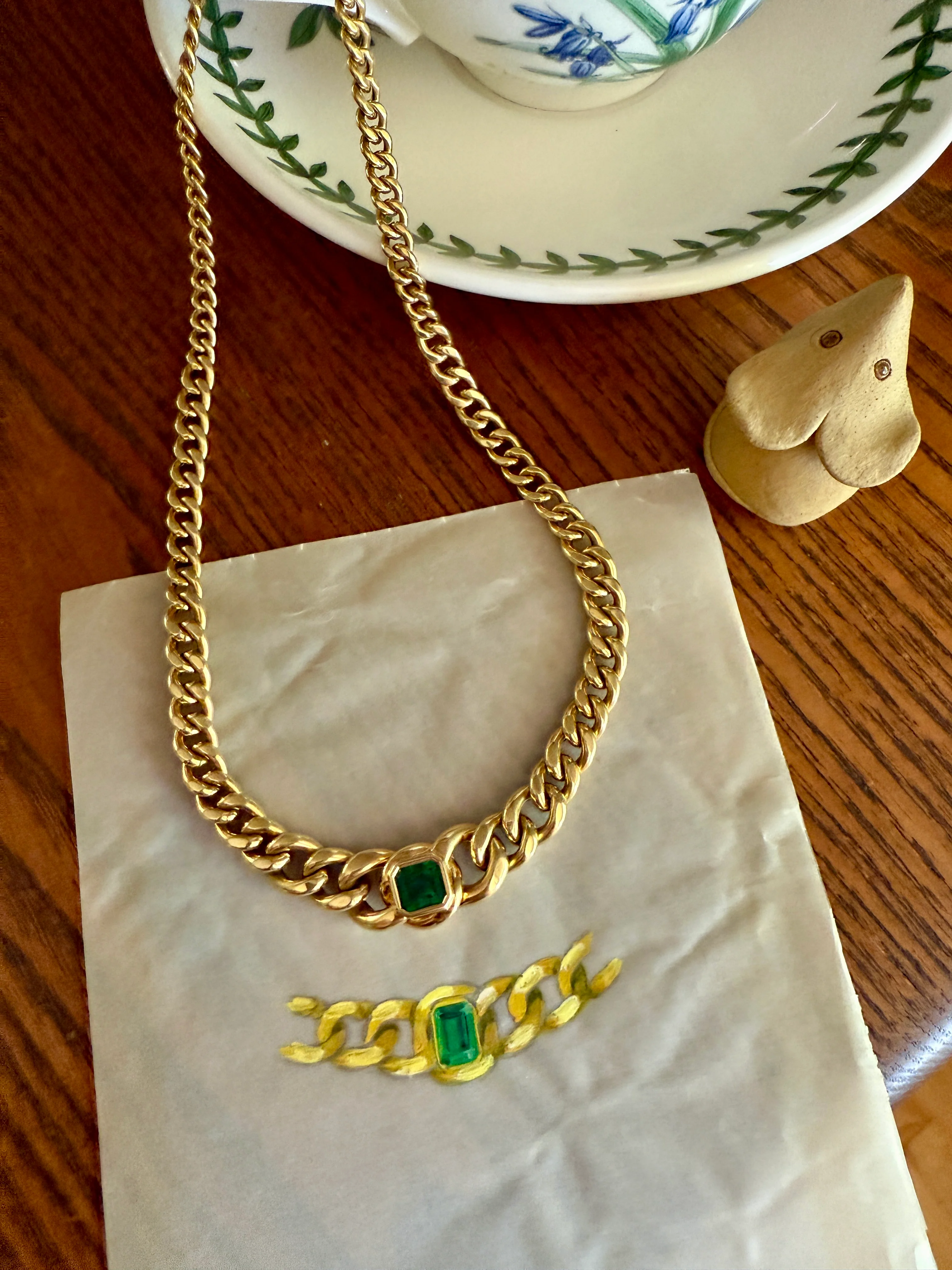 Vintage 26g 18k Gold Natural EMERALD French Curb Chain DATED Cert & ORIGINAL Gouache Drawing Design Heavy Unisex Chunky Green - Image 2
