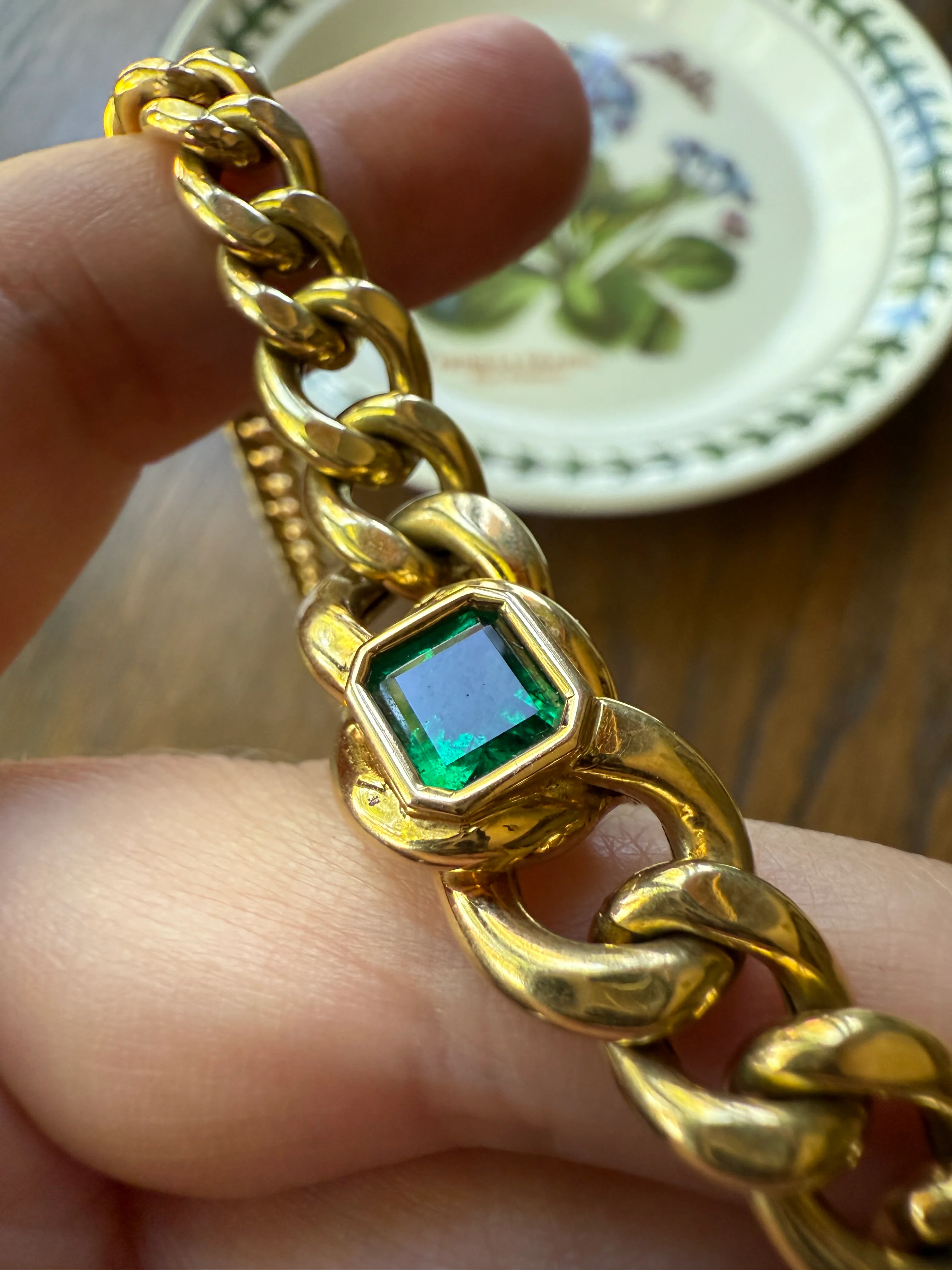 Vintage 26g 18k Gold Natural EMERALD French Curb Chain DATED Cert & ORIGINAL Gouache Drawing Design Heavy Unisex Chunky Green - Image 20
