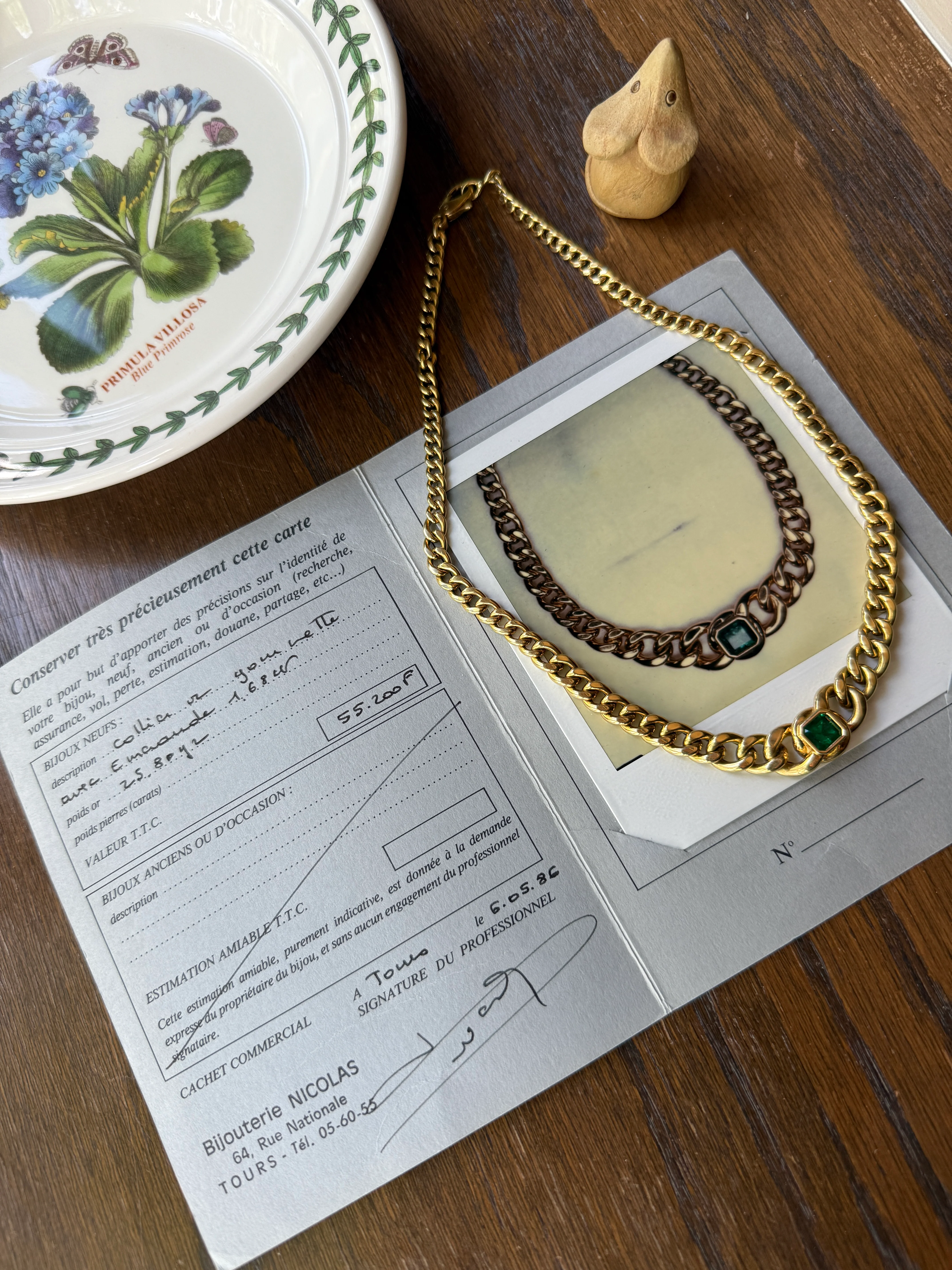 Vintage 26g 18k Gold Natural EMERALD French Curb Chain DATED Cert & ORIGINAL Gouache Drawing Design Heavy Unisex Chunky Green - Image 3