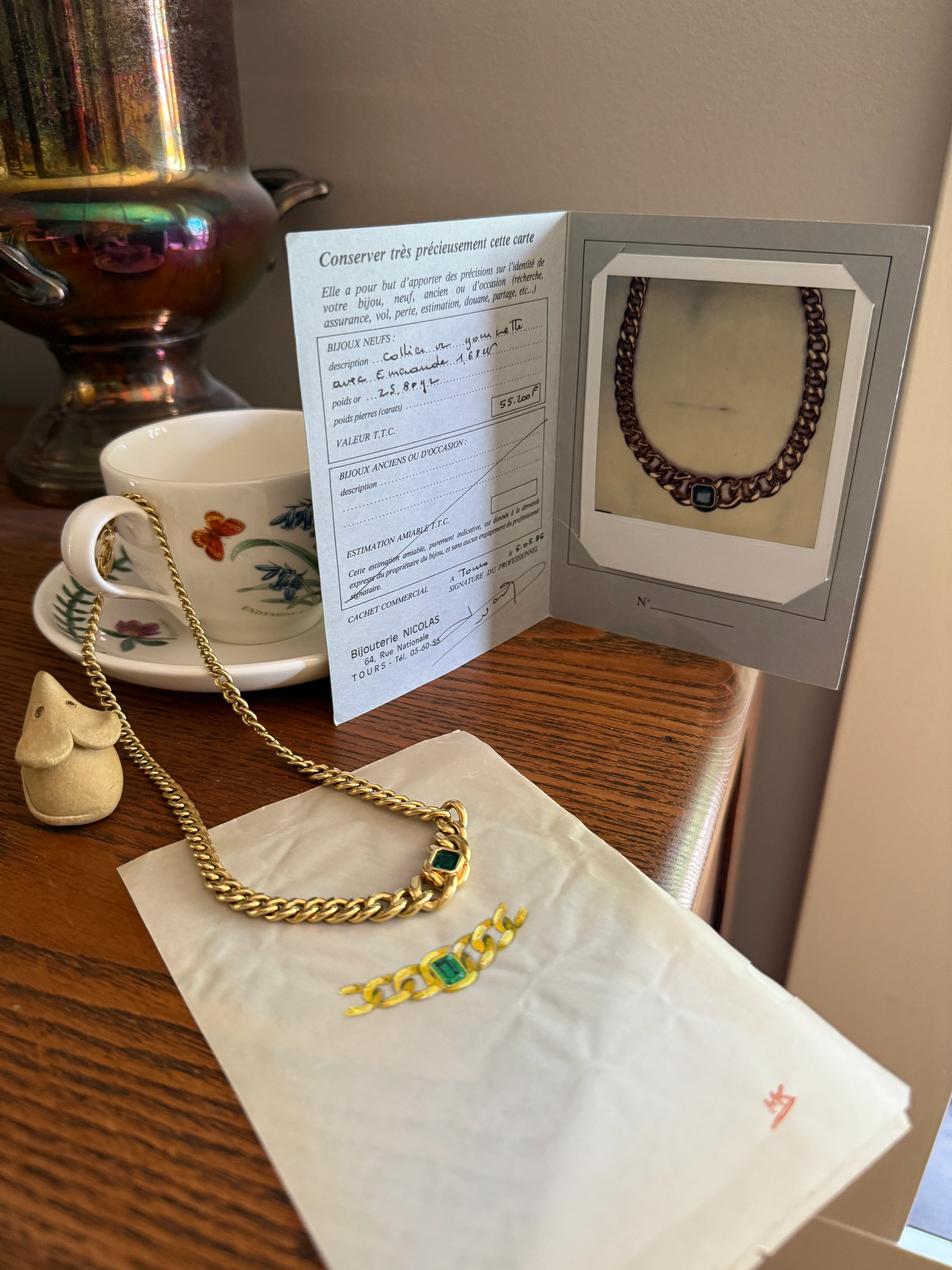 Vintage 26g 18k Gold Natural EMERALD French Curb Chain DATED Cert & ORIGINAL Gouache Drawing Design Heavy Unisex Chunky Green - Image 4