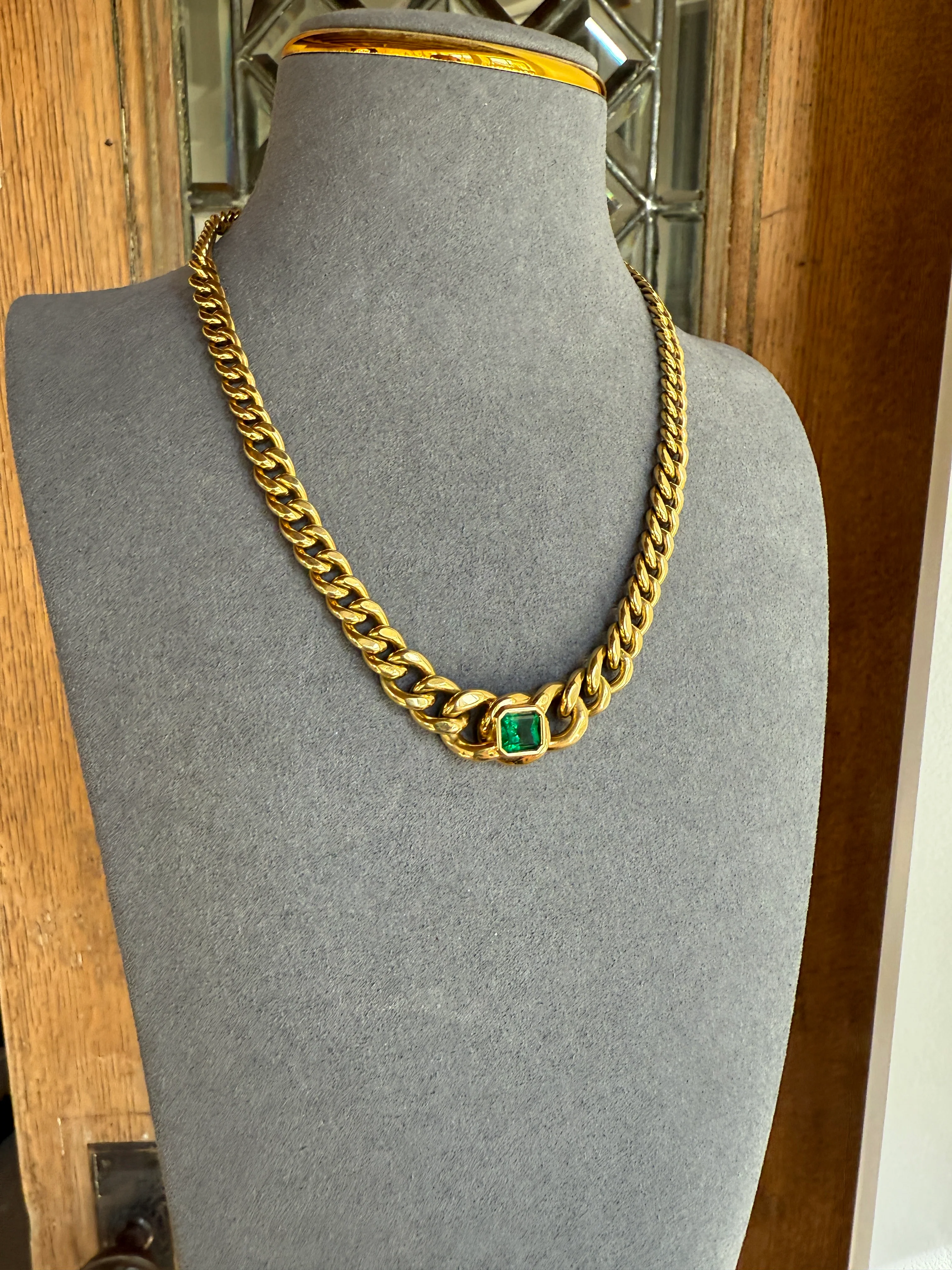 Vintage 26g 18k Gold Natural EMERALD French Curb Chain DATED Cert & ORIGINAL Gouache Drawing Design Heavy Unisex Chunky Green - Image 7