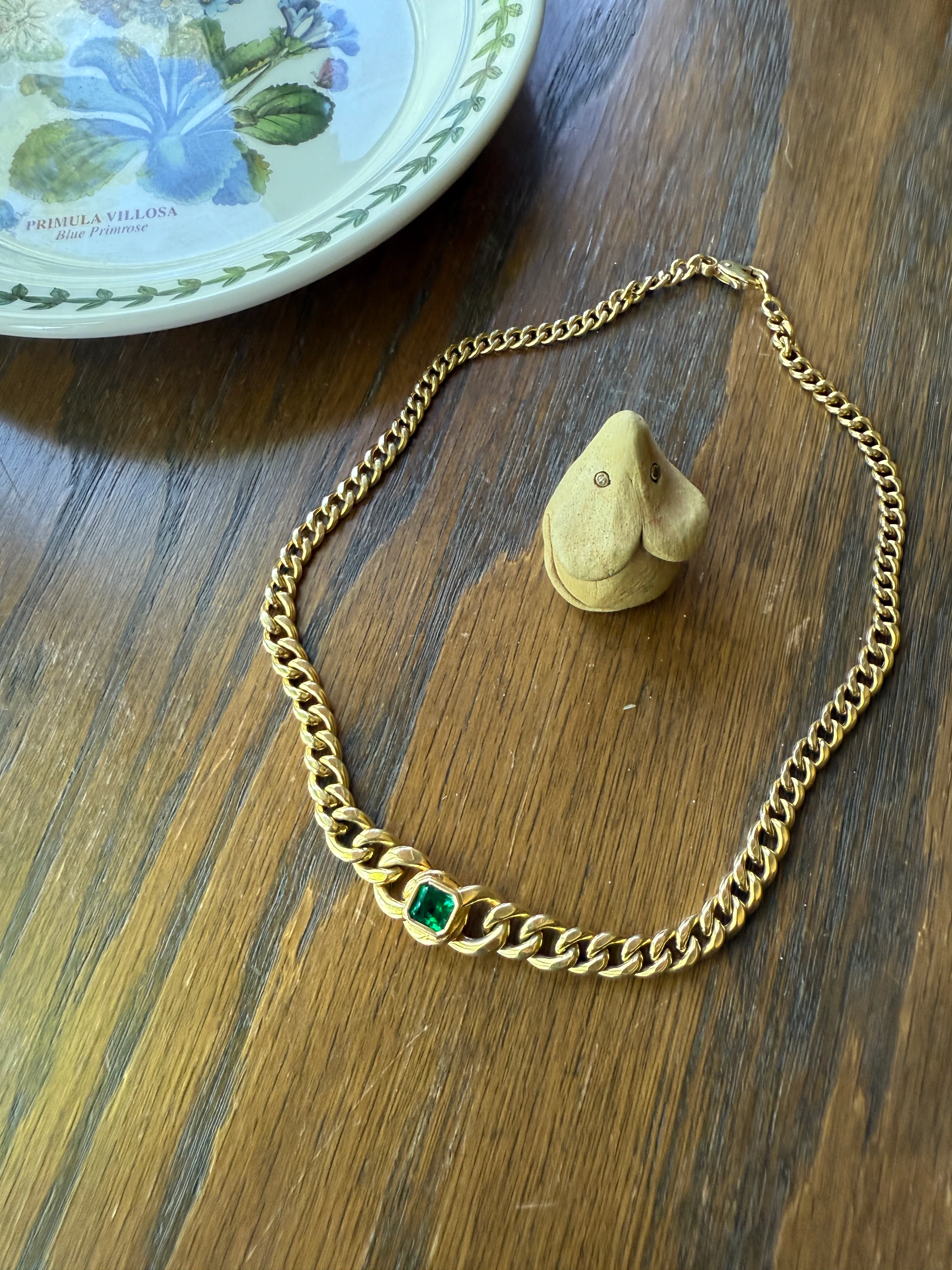 Vintage 26g 18k Gold Natural EMERALD French Curb Chain DATED Cert & ORIGINAL Gouache Drawing Design Heavy Unisex Chunky Green - Image 9