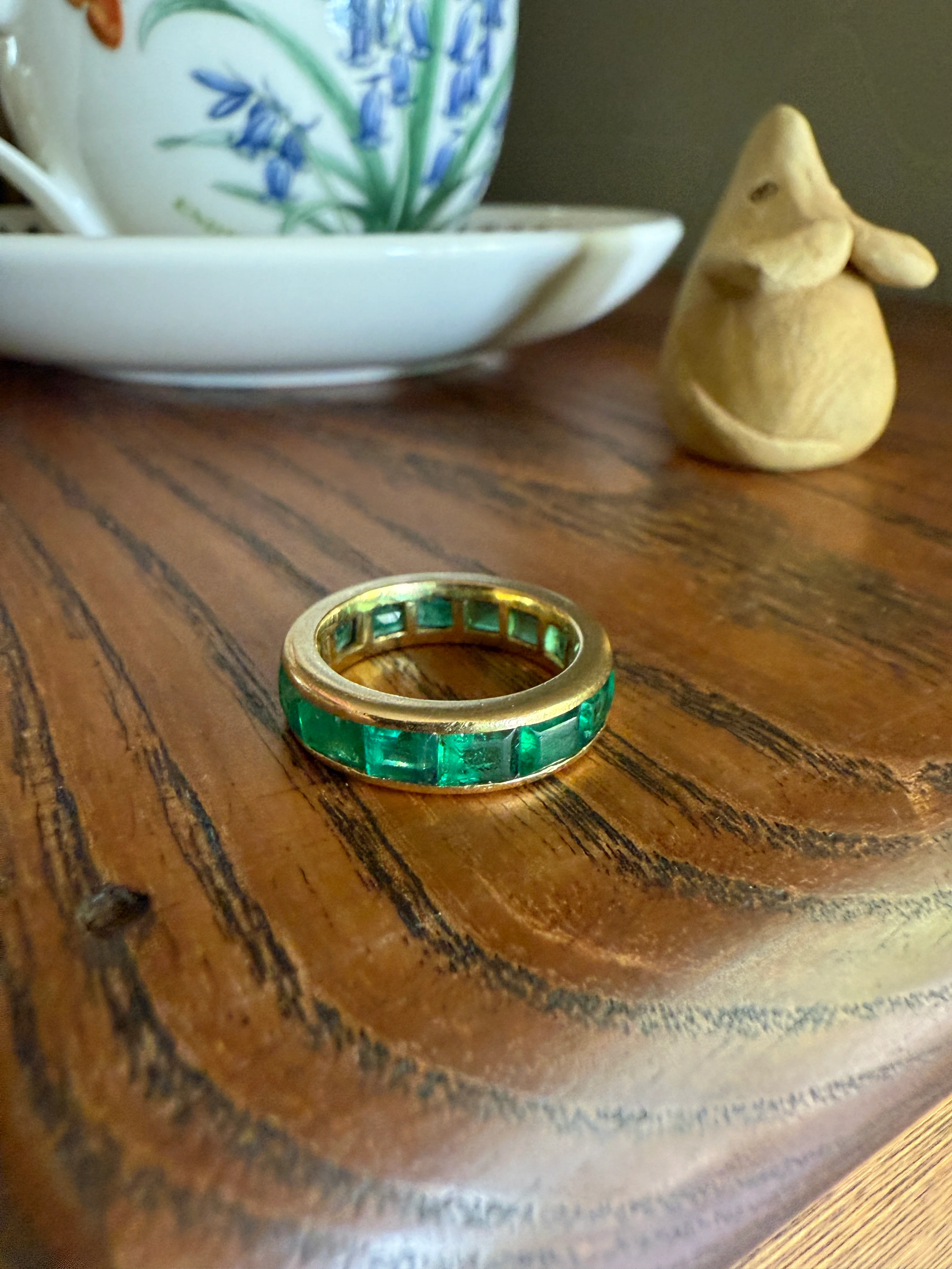 Vintage 5mm Channel Set 14 EMERALD Full ETERNITY Band Ring 18k Gold 2.25 Carat Skinny Line Stacker French Chunky Green - Image 13