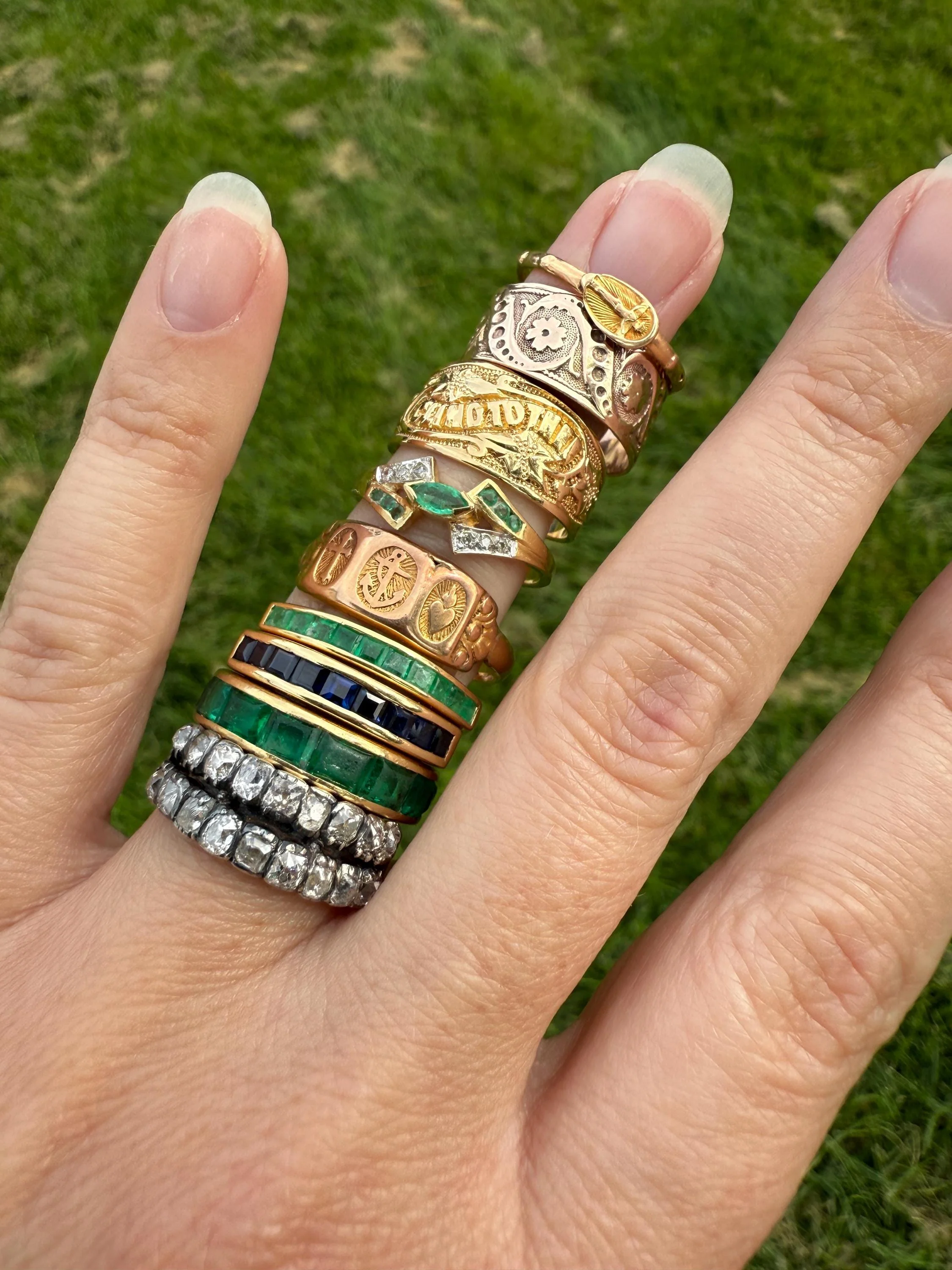 Vintage 5mm Channel Set 14 EMERALD Full ETERNITY Band Ring 18k Gold 2.25 Carat Skinny Line Stacker French Chunky Green - Image 9