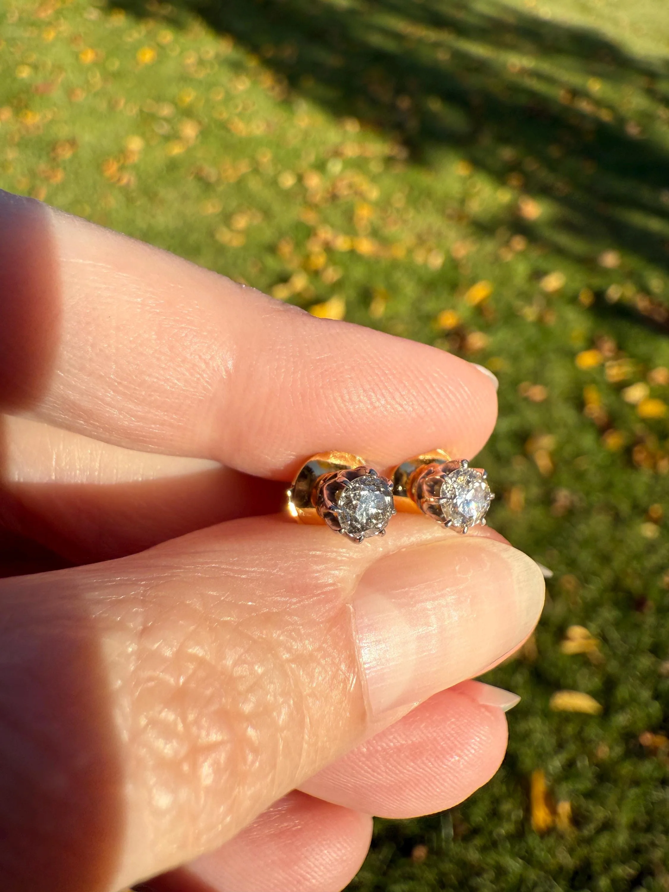 Vintage .7 Ctw Transitional Cut DIAMOND Buttercup Prong Stud Earrings French 18k Gold Platinum Romantic Gift Earstack Minimalist Alpa Back - Image 4