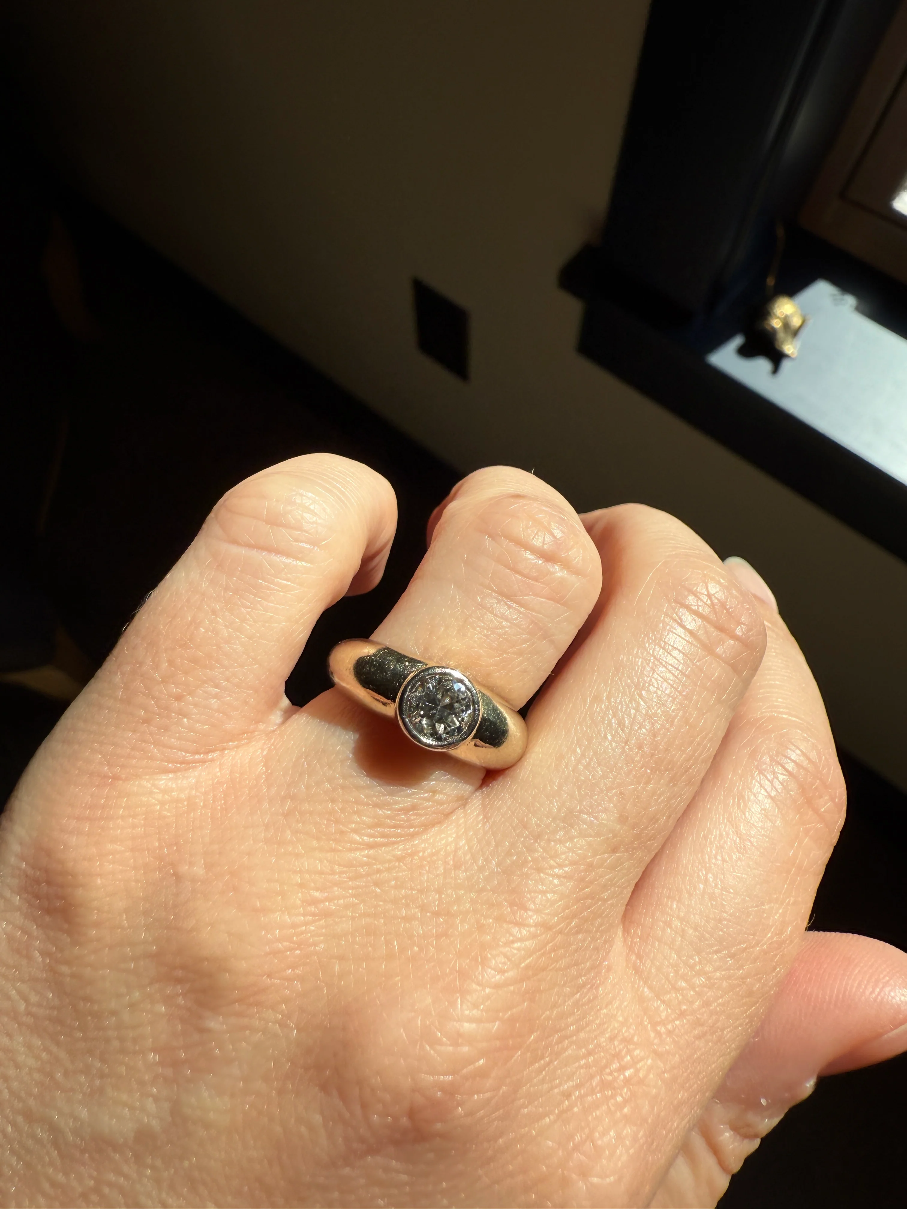 Vintage .73 Carat Transitional Cut DIAMOND Gypsy Bezel Set Ring Stacker Band Pale Yellow 18k Gold Solitaire - Image 13