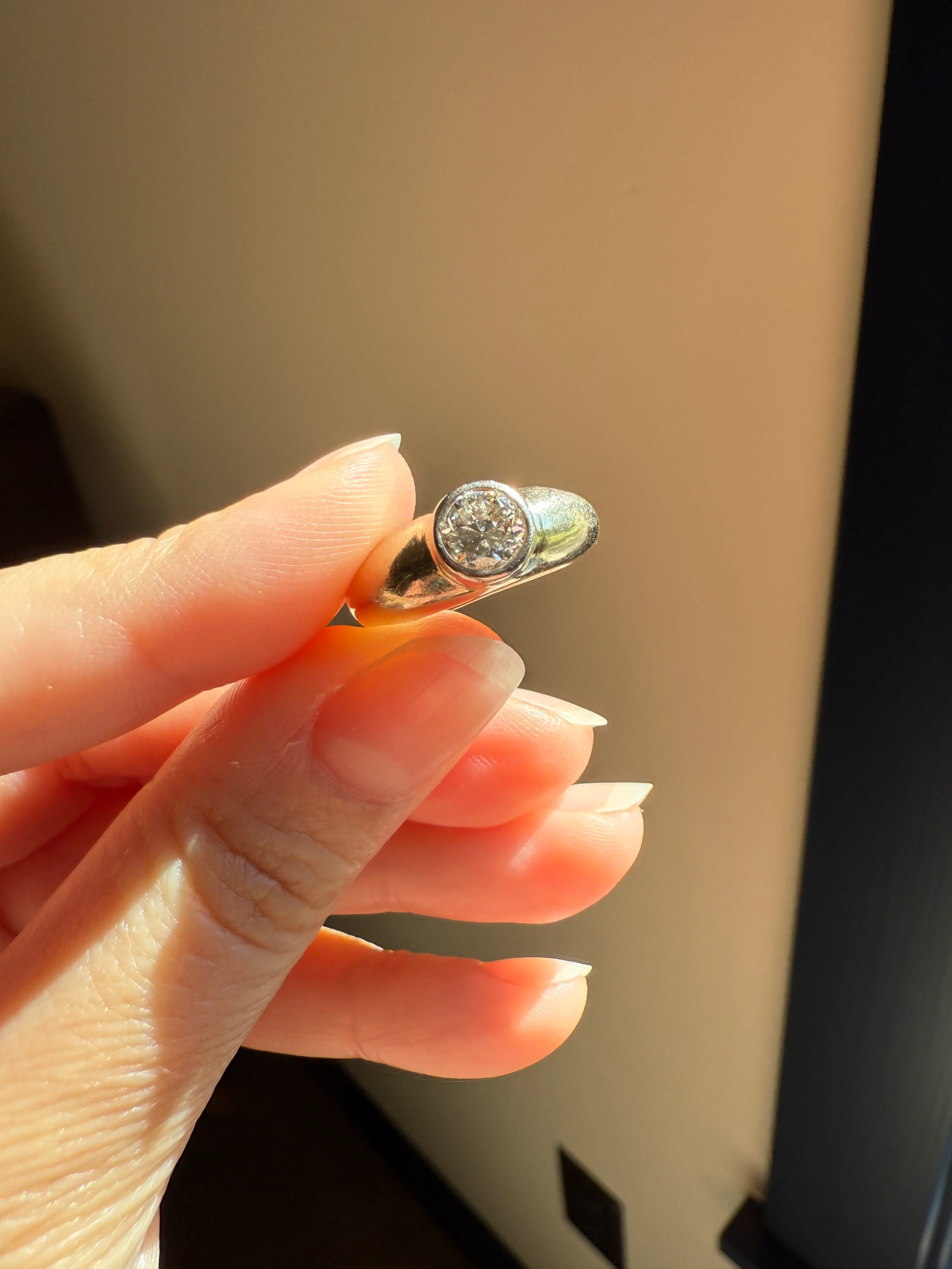 Vintage .73 Carat Transitional Cut DIAMOND Gypsy Bezel Set Ring Stacker Band Pale Yellow 18k Gold Solitaire - Image 14