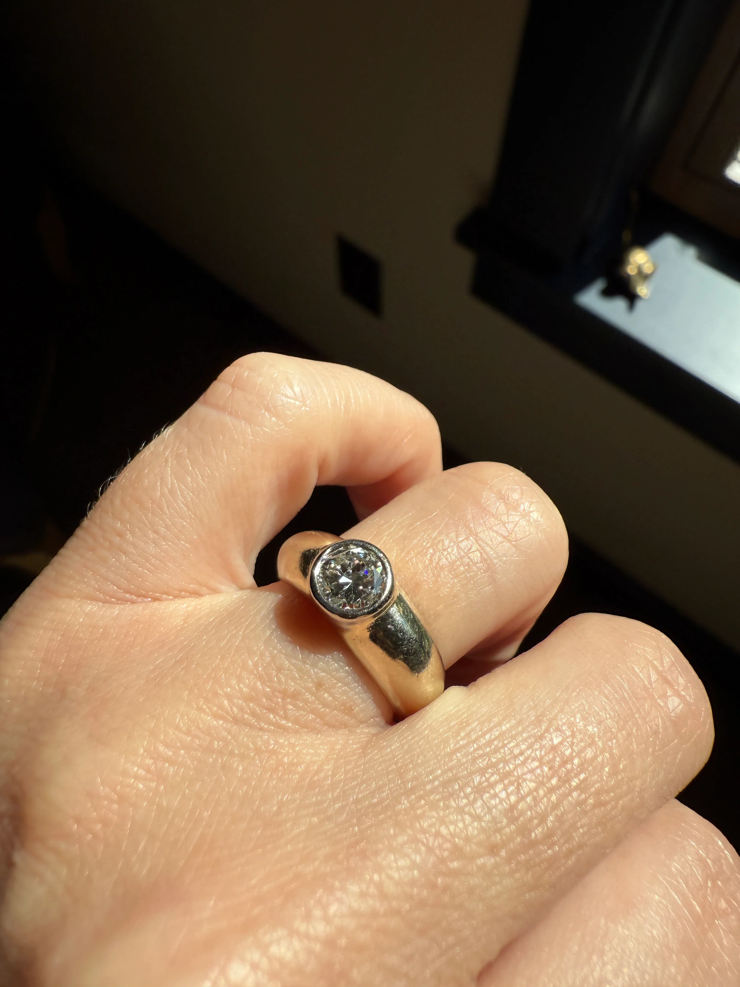 Vintage .73 Carat Transitional Cut DIAMOND Gypsy Bezel Set Ring Stacker Band Pale Yellow 18k Gold Solitaire - Image 15