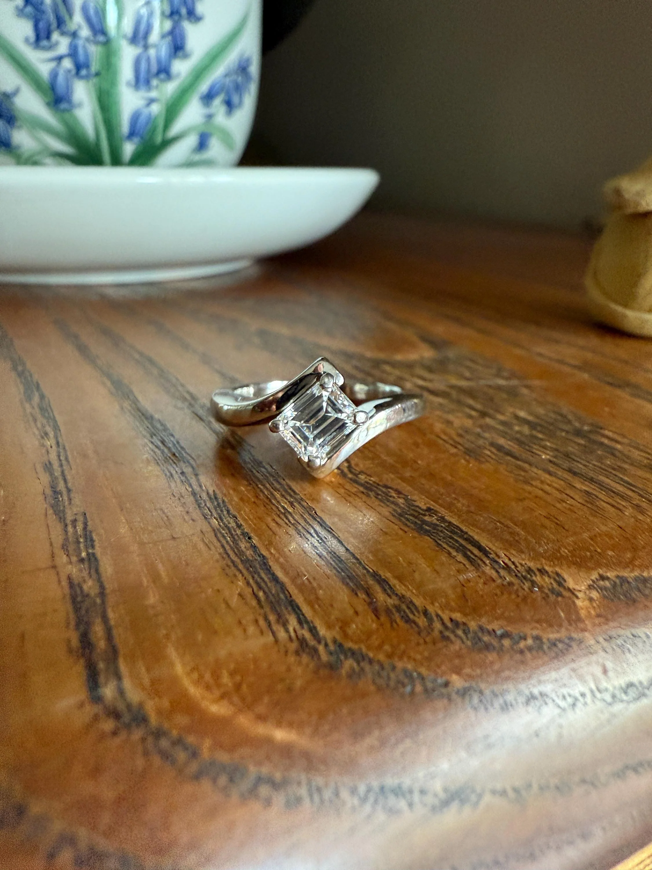 Vintage .75 Carat Emerald Cut DIAMOND Eye Clean & Bright White! Platinum Bypass Ring Retro Solitaire Stacker Engagement Ring Asymmetrical - Image 10