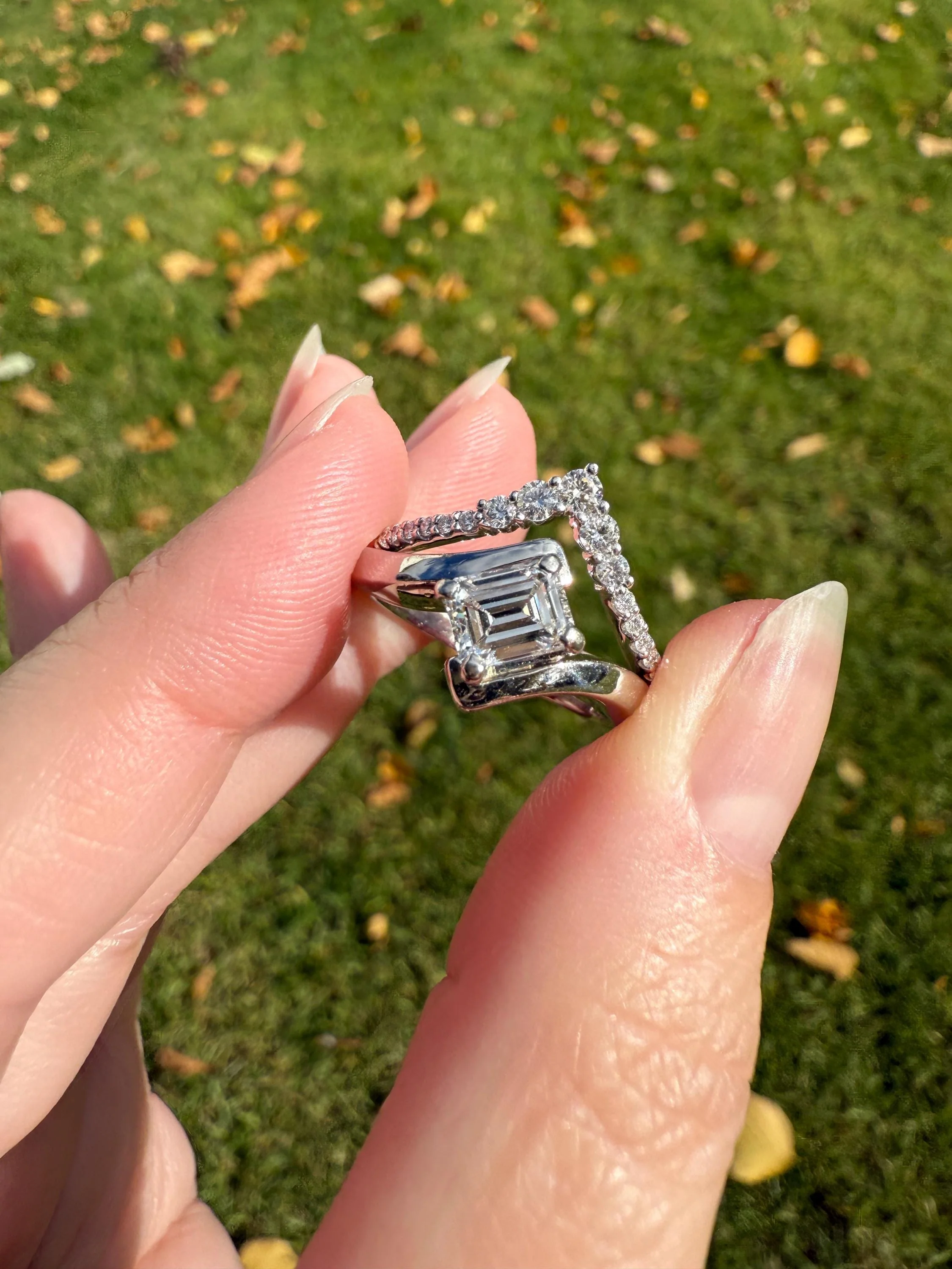 Vintage .75 Carat Emerald Cut DIAMOND Eye Clean & Bright White! Platinum Bypass Ring Retro Solitaire Stacker Engagement Ring Asymmetrical - Image 11