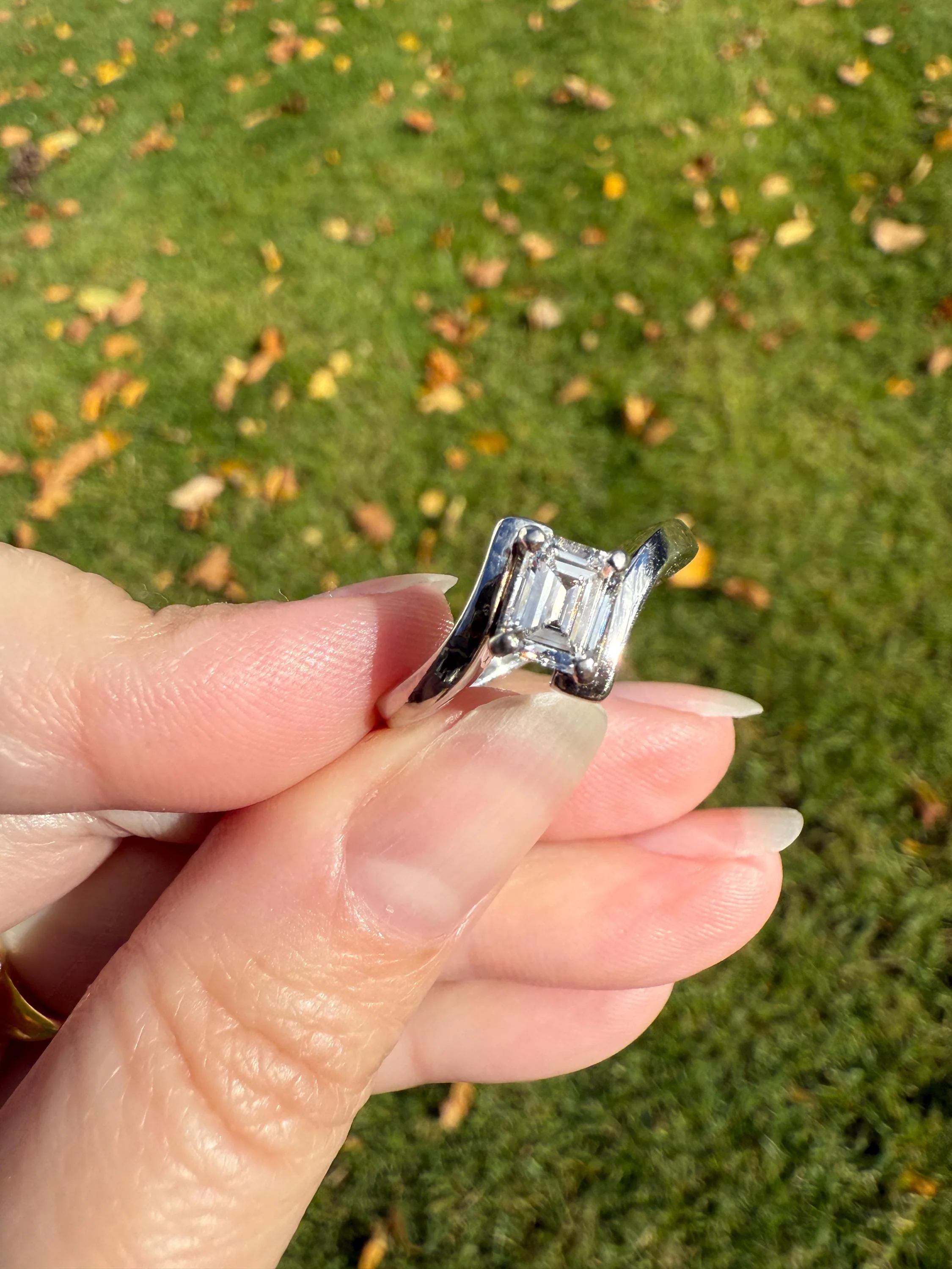 Vintage .75 Carat Emerald Cut DIAMOND Eye Clean & Bright White! Platinum Bypass Ring Retro Solitaire Stacker Engagement Ring Asymmetrical - Image 14
