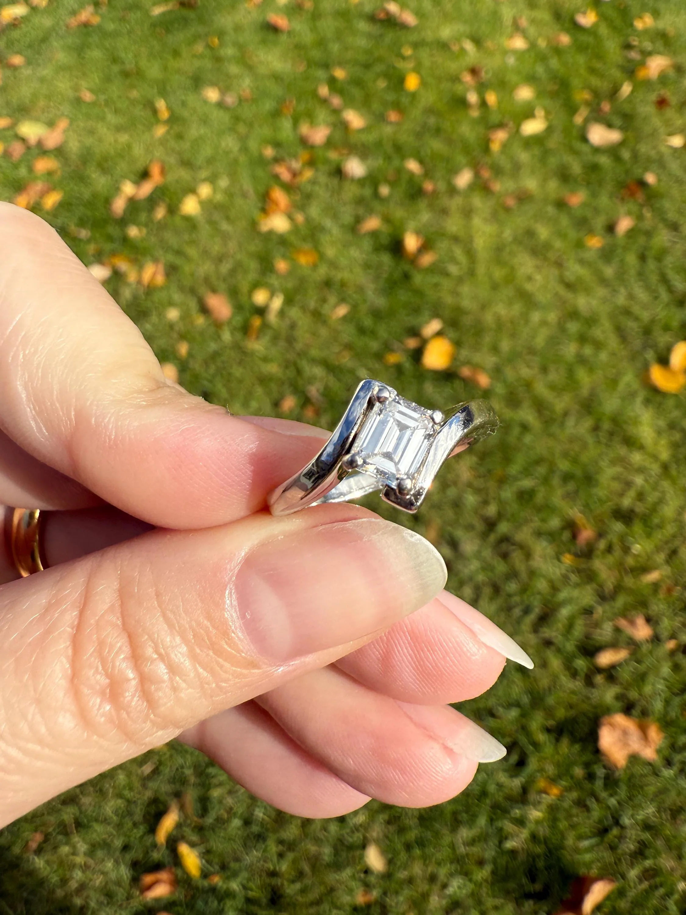 Vintage .75 Carat Emerald Cut DIAMOND Eye Clean & Bright White! Platinum Bypass Ring Retro Solitaire Stacker Engagement Ring Asymmetrical - Image 2