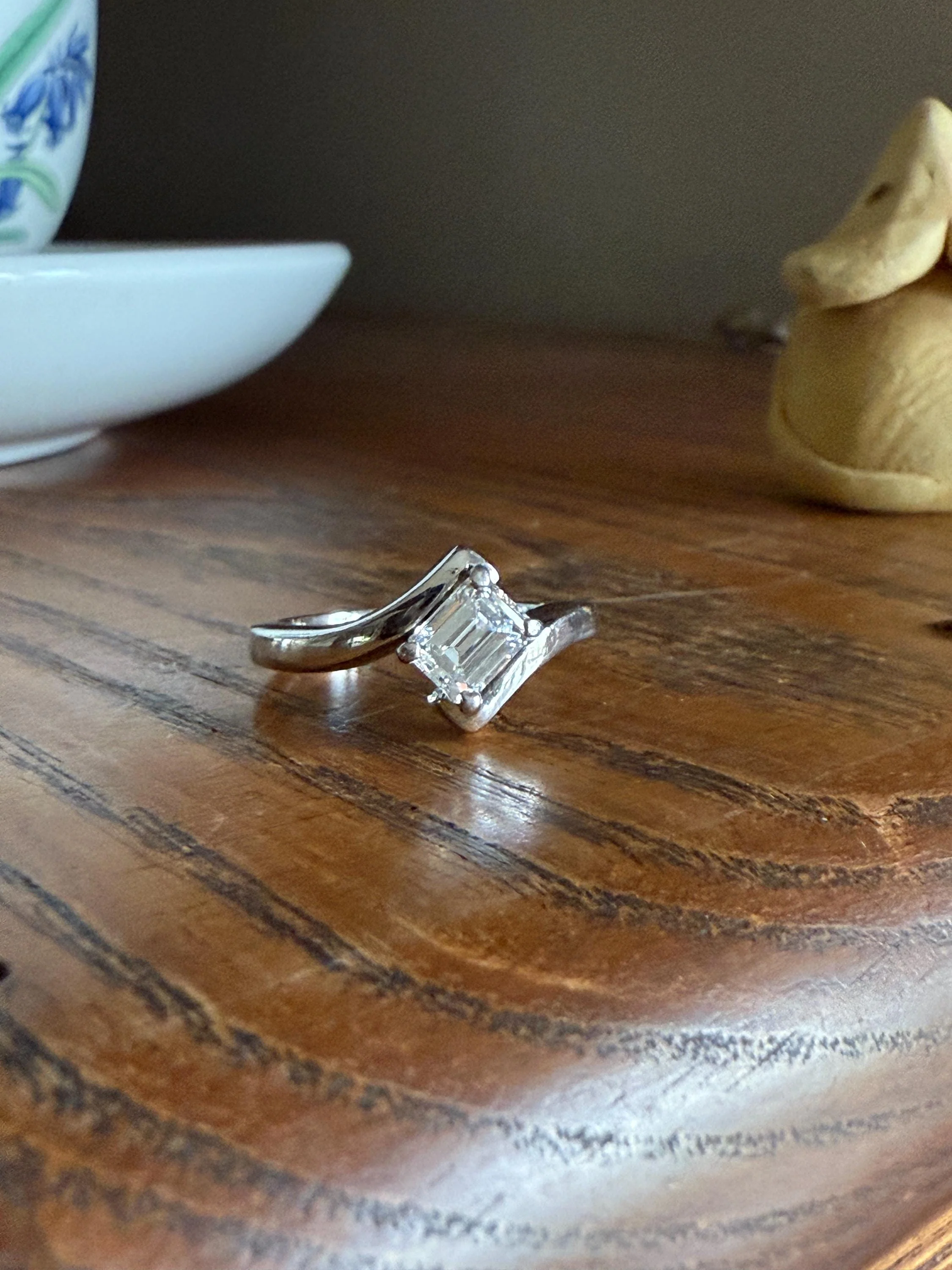 Vintage .75 Carat Emerald Cut DIAMOND Eye Clean & Bright White! Platinum Bypass Ring Retro Solitaire Stacker Engagement Ring Asymmetrical - Image 3