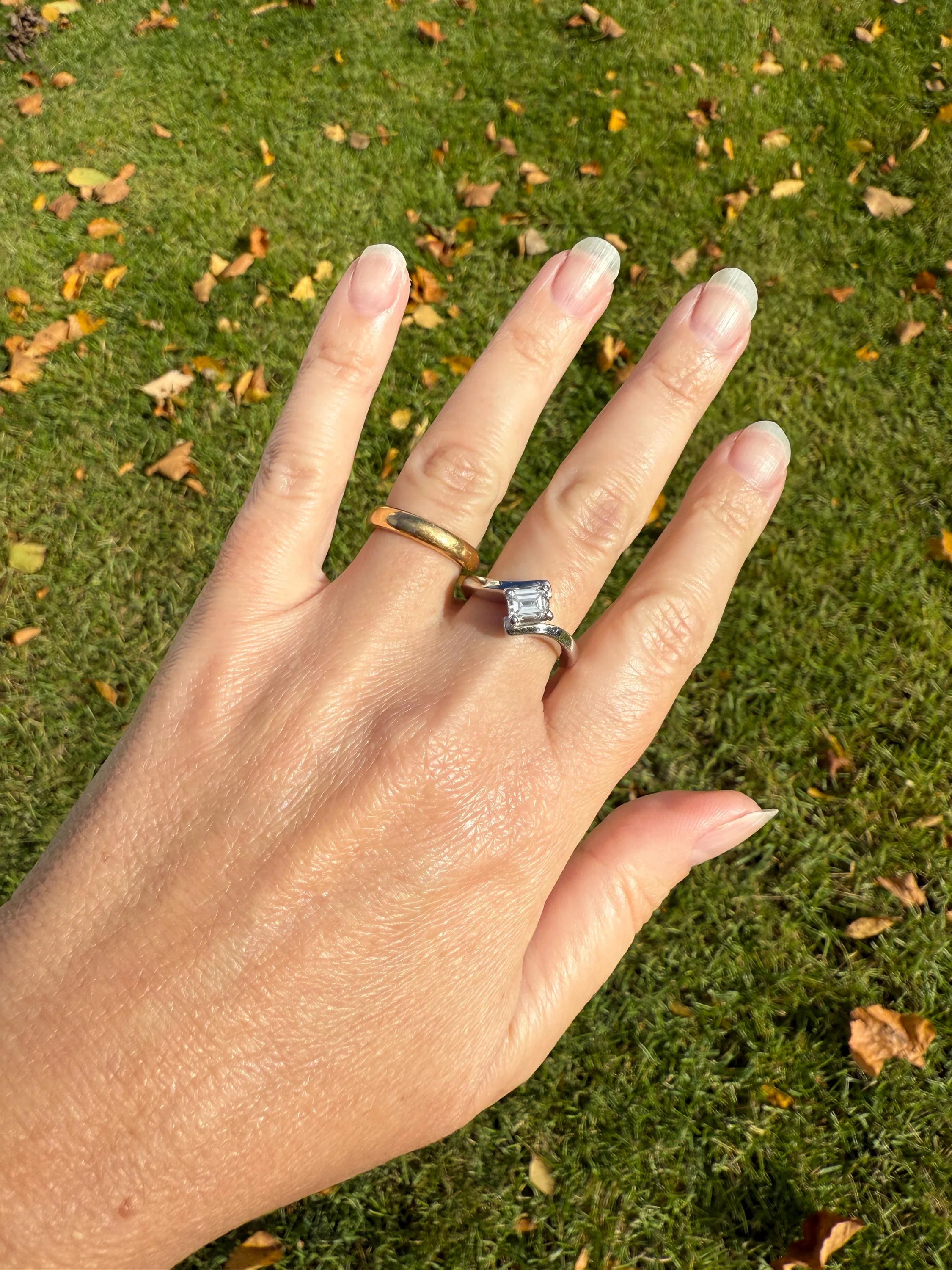 Vintage .75 Carat Emerald Cut DIAMOND Eye Clean & Bright White! Platinum Bypass Ring Retro Solitaire Stacker Engagement Ring Asymmetrical - Image 4