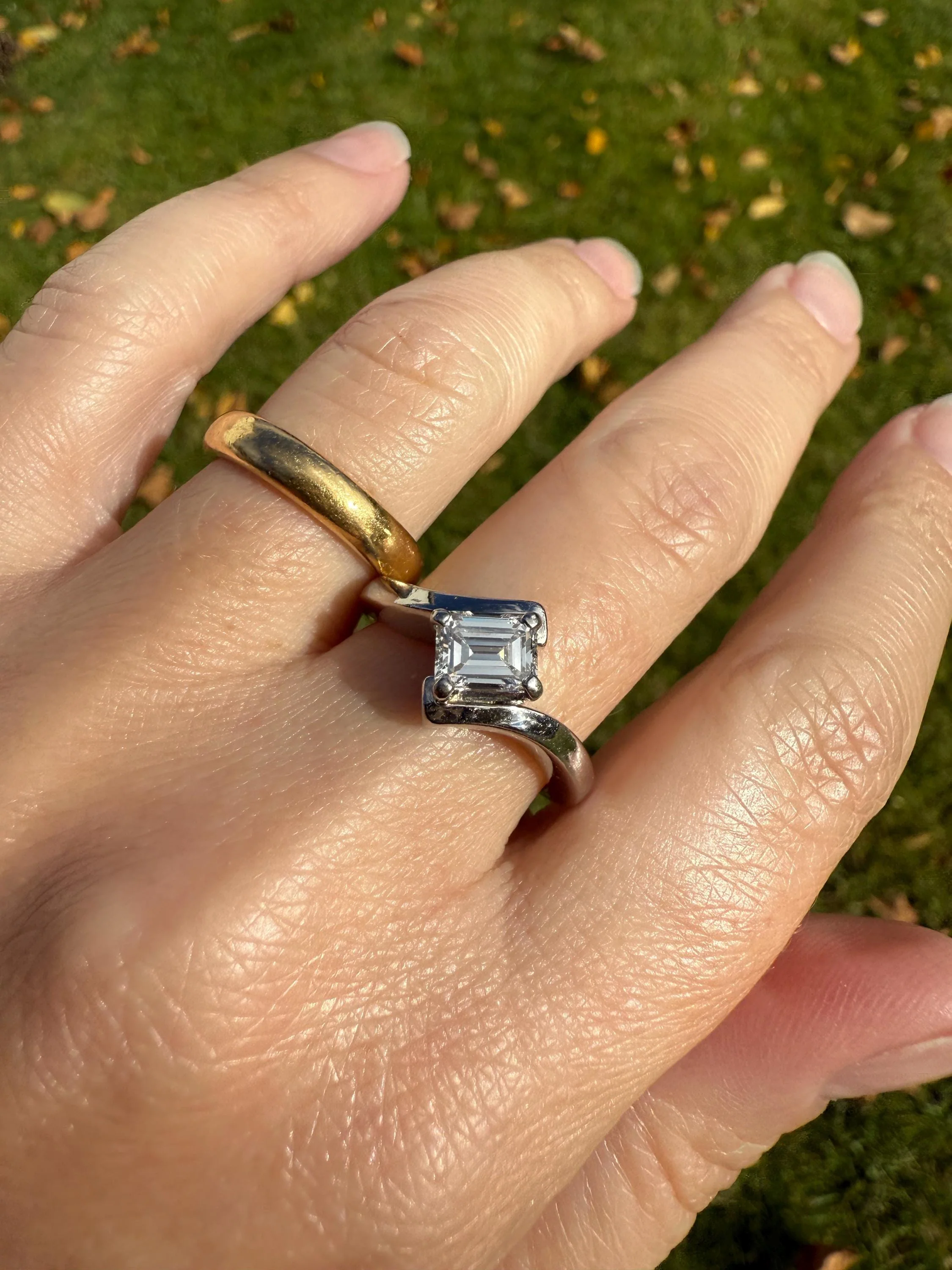 Vintage .75 Carat Emerald Cut DIAMOND Eye Clean & Bright White! Platinum Bypass Ring Retro Solitaire Stacker Engagement Ring Asymmetrical - Image 5