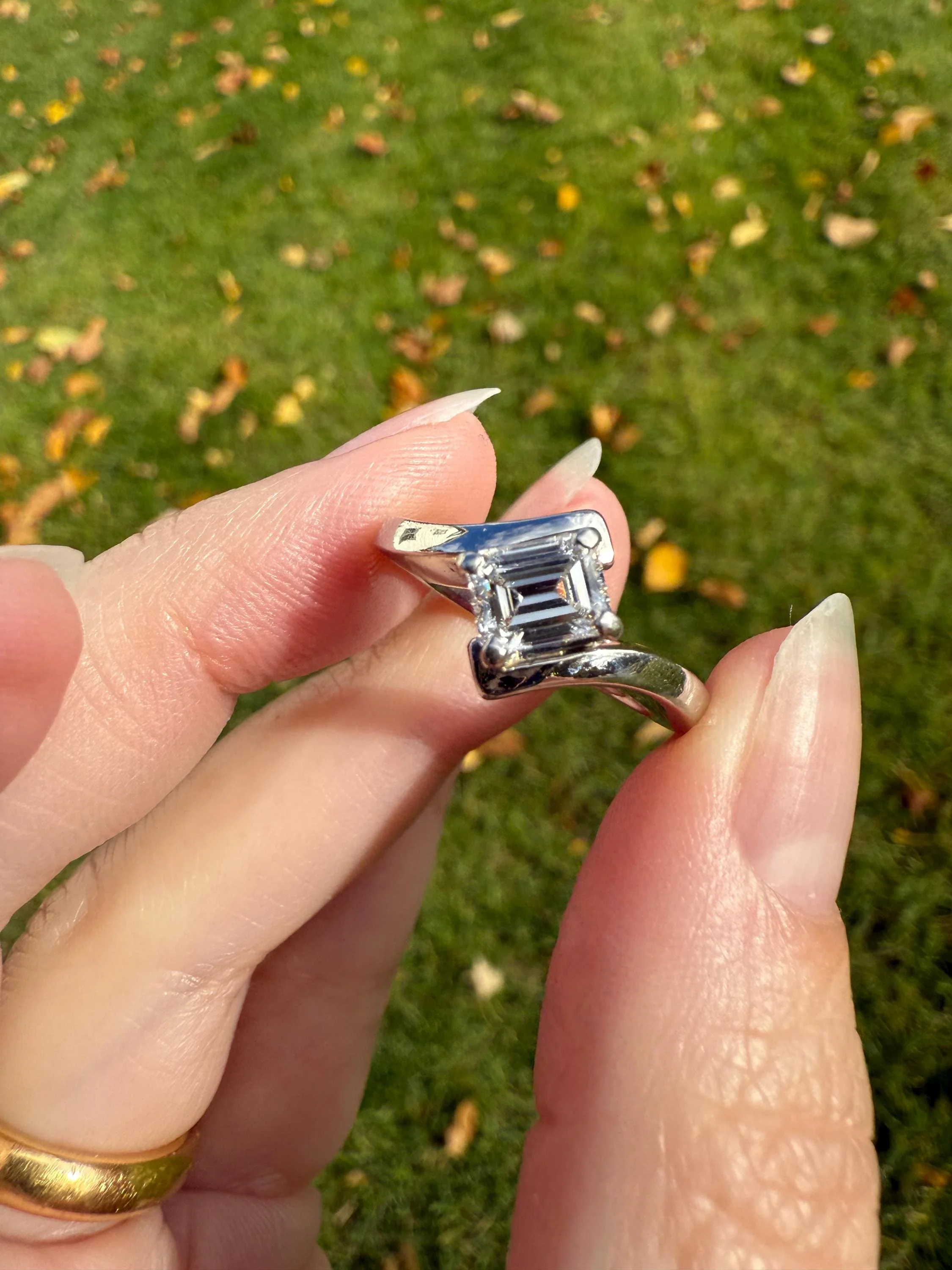 Vintage .75 Carat Emerald Cut DIAMOND Eye Clean & Bright White! Platinum Bypass Ring Retro Solitaire Stacker Engagement Ring Asymmetrical - Image 8