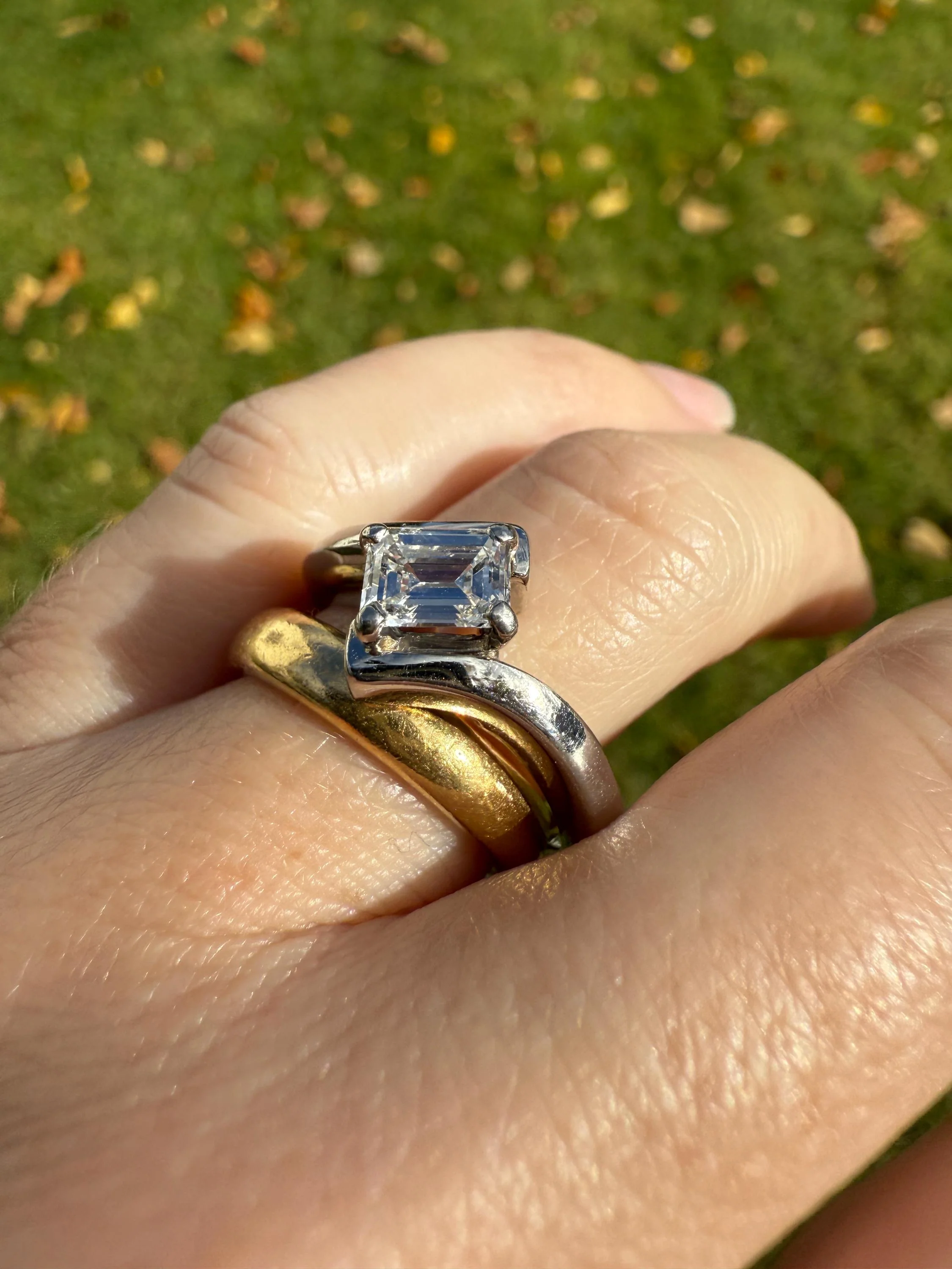 Vintage .75 Carat Emerald Cut DIAMOND Eye Clean & Bright White! Platinum Bypass Ring Retro Solitaire Stacker Engagement Ring Asymmetrical - Image 9
