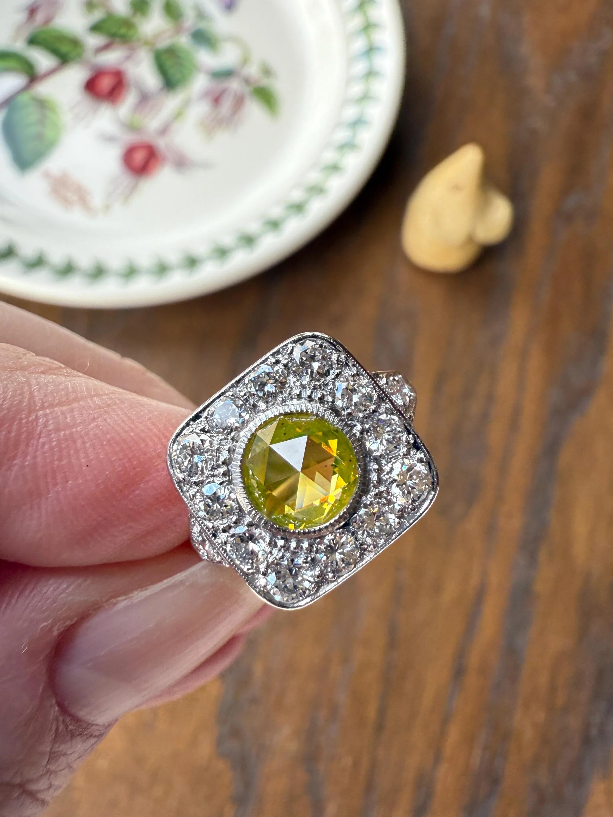 Vintage .8 Carat Fancy Greenish Yellow Natural ROSE CUT Diamond 1.8 Ctw Transitional Cut Boxed Cobblestone Panel Ring Platinum Lemon Lime
