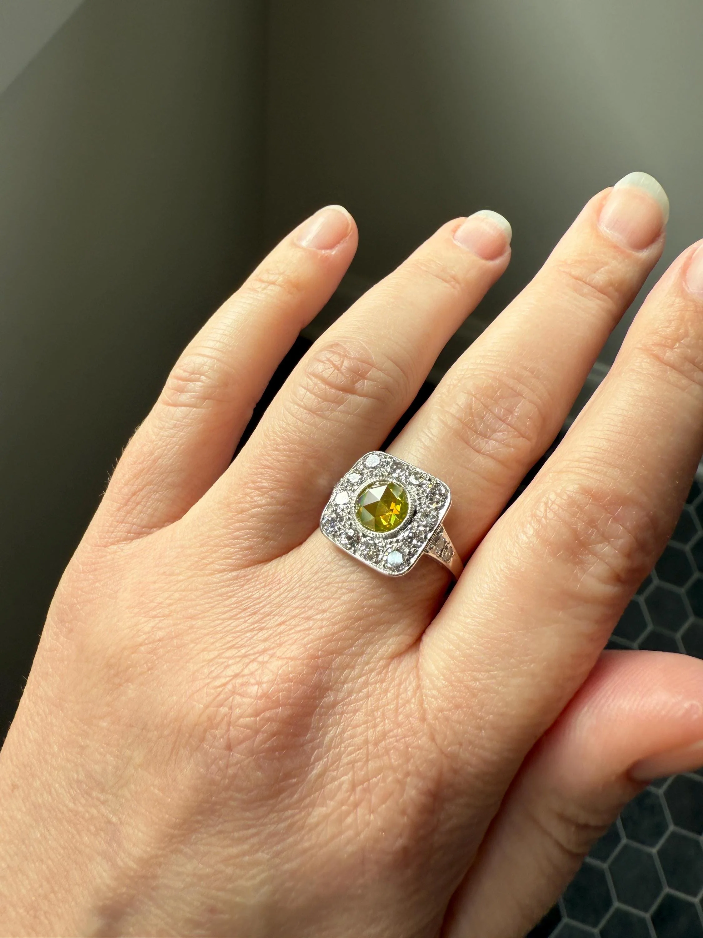 Vintage .8 Carat Fancy Greenish Yellow Natural ROSE CUT Diamond 1.8 Ctw Transitional Cut Boxed Cobblestone Panel Ring Platinum Lemon Lime - Image 11