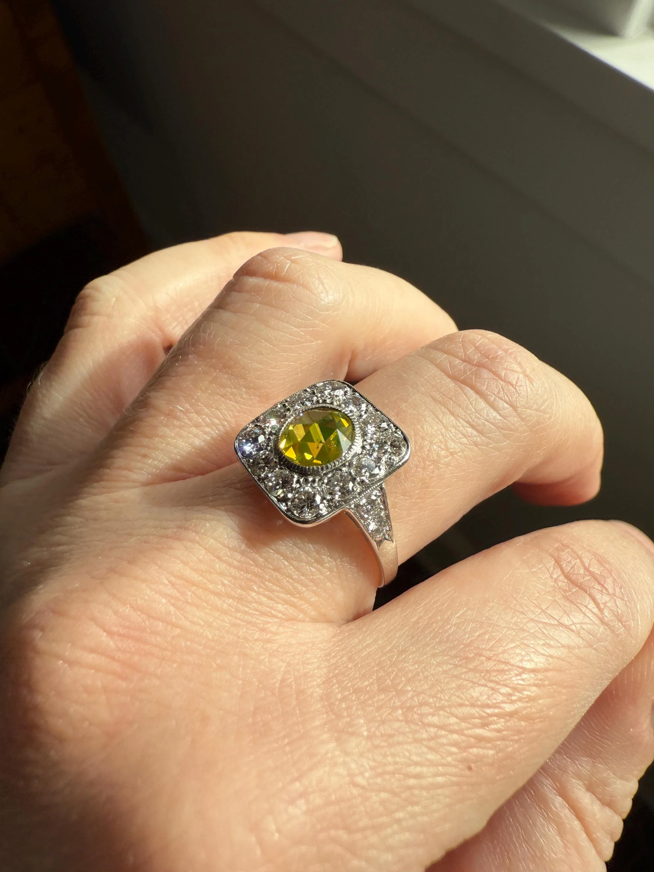 Vintage .8 Carat Fancy Greenish Yellow Natural ROSE CUT Diamond 1.8 Ctw Transitional Cut Boxed Cobblestone Panel Ring Platinum Lemon Lime - Image 12