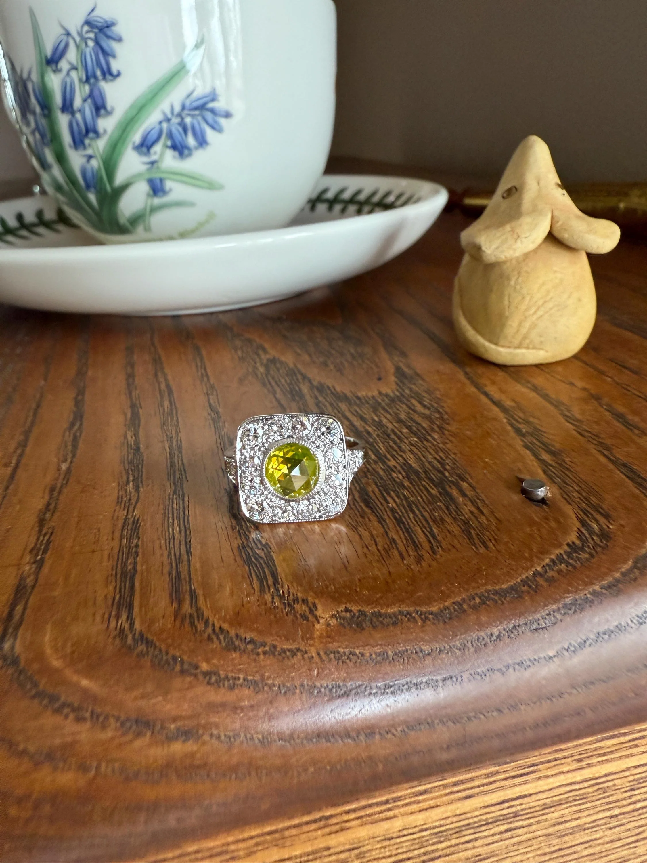 Vintage .8 Carat Fancy Greenish Yellow Natural ROSE CUT Diamond 1.8 Ctw Transitional Cut Boxed Cobblestone Panel Ring Platinum Lemon Lime - Image 14