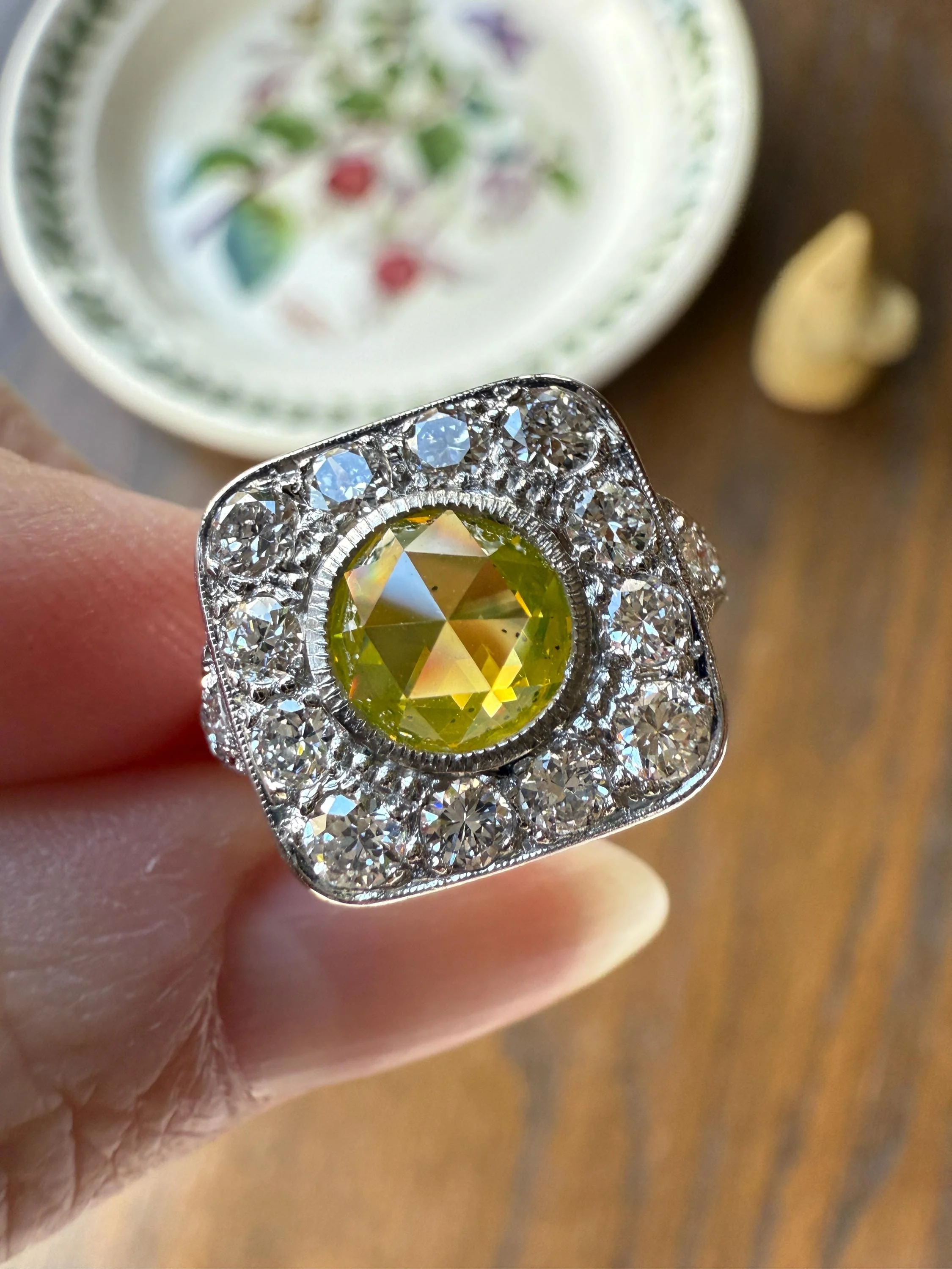 Vintage .8 Carat Fancy Greenish Yellow Natural ROSE CUT Diamond 1.8 Ctw Transitional Cut Boxed Cobblestone Panel Ring Platinum Lemon Lime - Image 15