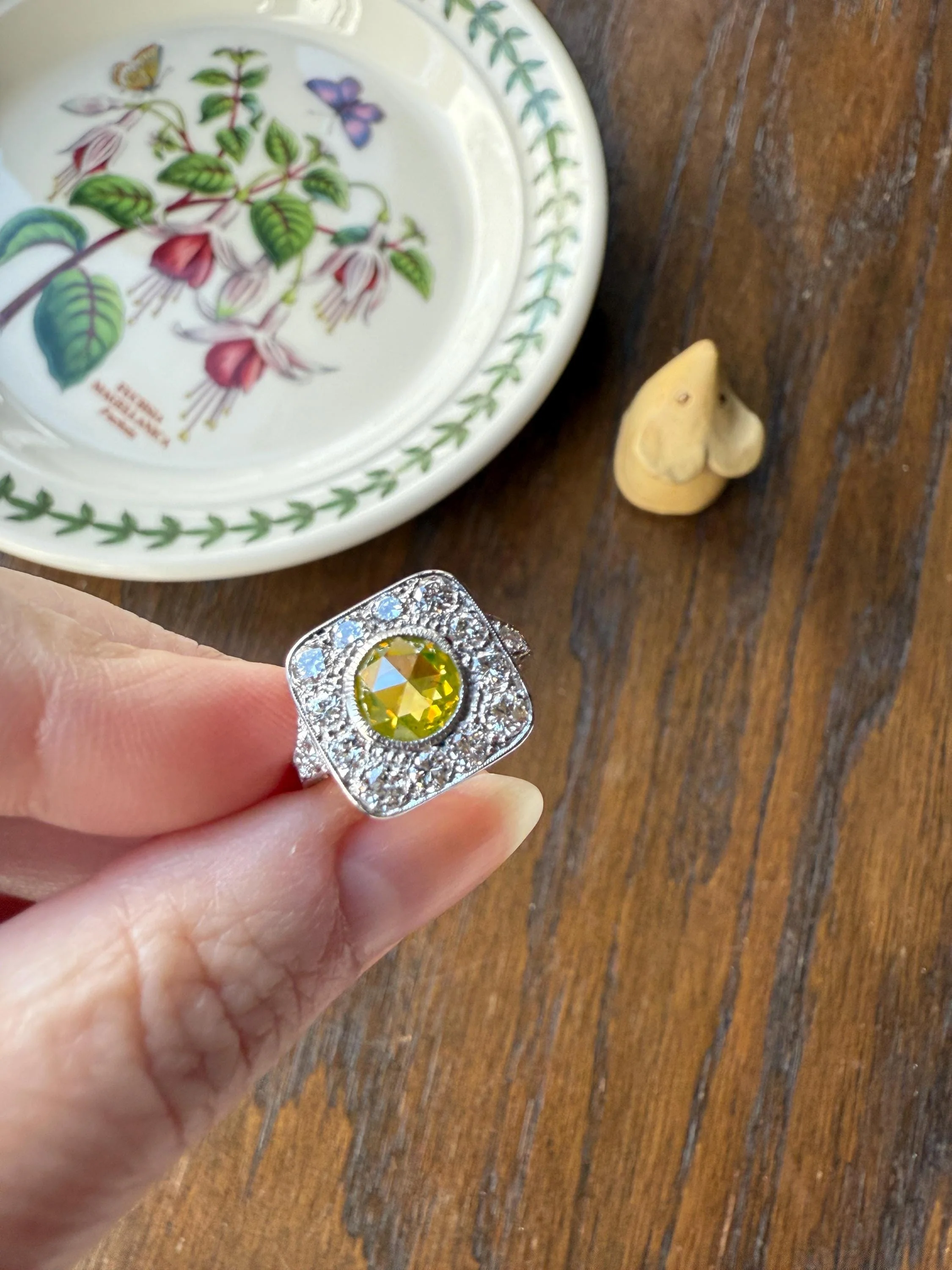 Vintage .8 Carat Fancy Greenish Yellow Natural ROSE CUT Diamond 1.8 Ctw Transitional Cut Boxed Cobblestone Panel Ring Platinum Lemon Lime - Image 17
