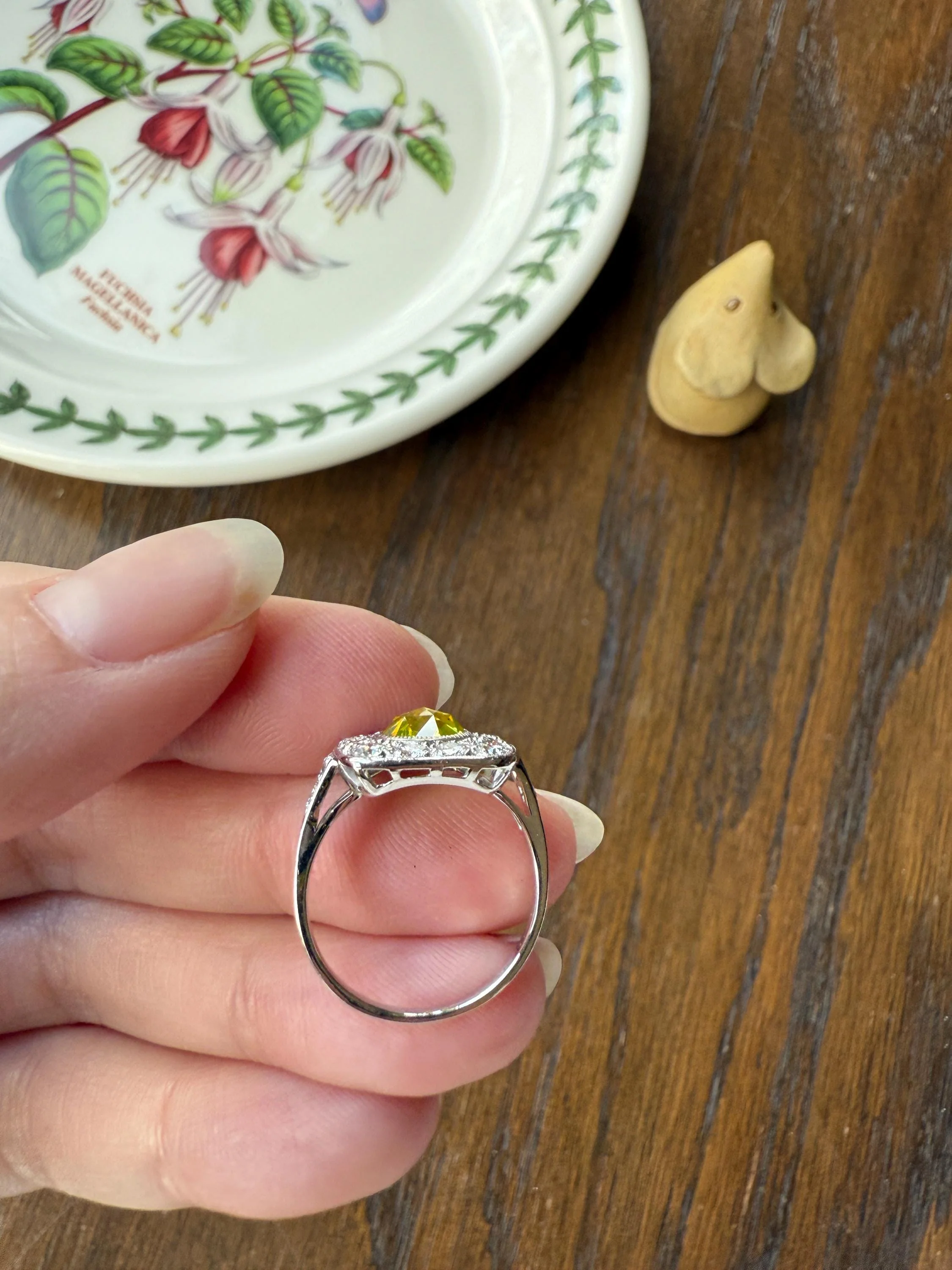 Vintage .8 Carat Fancy Greenish Yellow Natural ROSE CUT Diamond 1.8 Ctw Transitional Cut Boxed Cobblestone Panel Ring Platinum Lemon Lime - Image 19