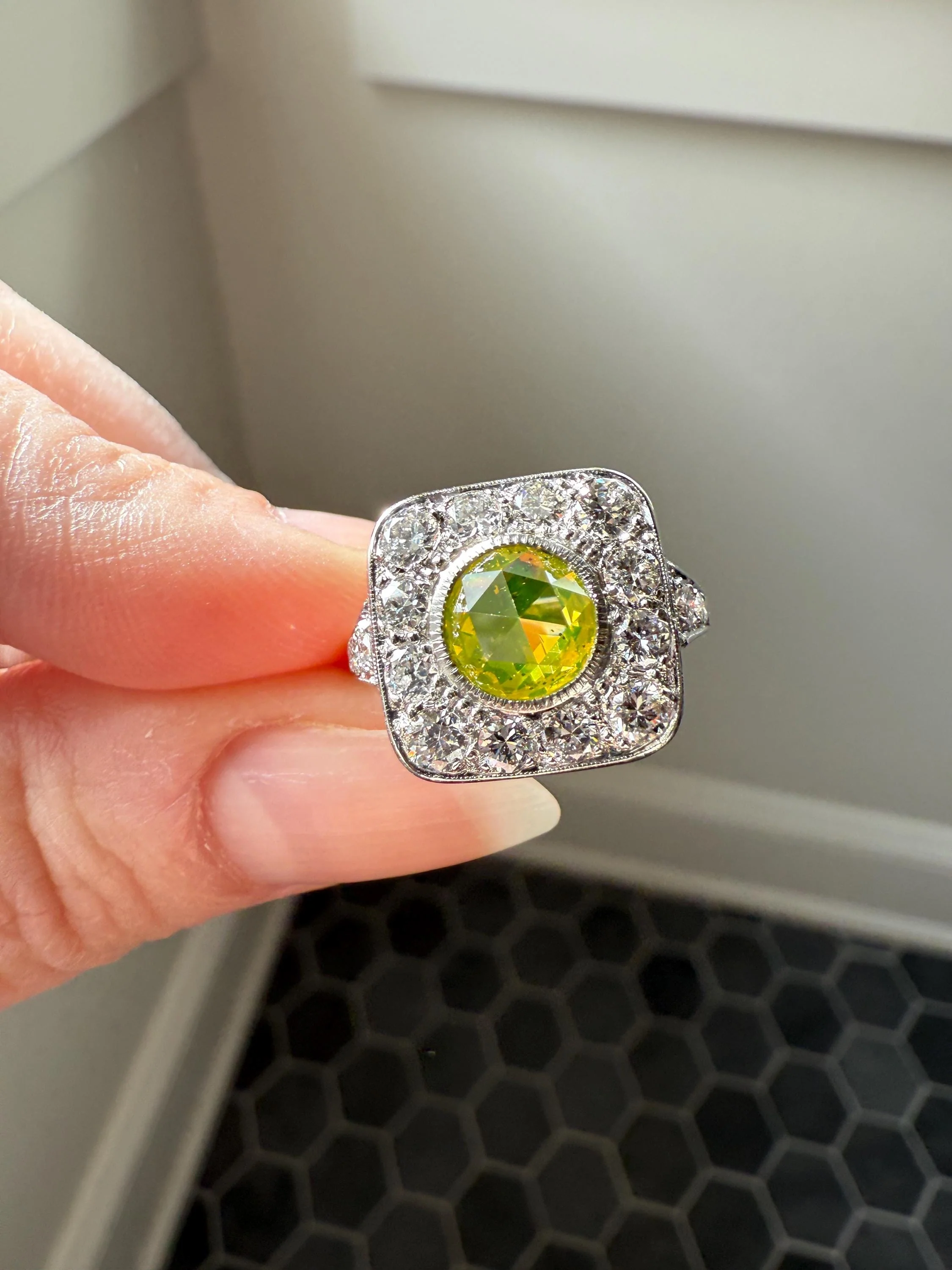 Vintage .8 Carat Fancy Greenish Yellow Natural ROSE CUT Diamond 1.8 Ctw Transitional Cut Boxed Cobblestone Panel Ring Platinum Lemon Lime - Image 2