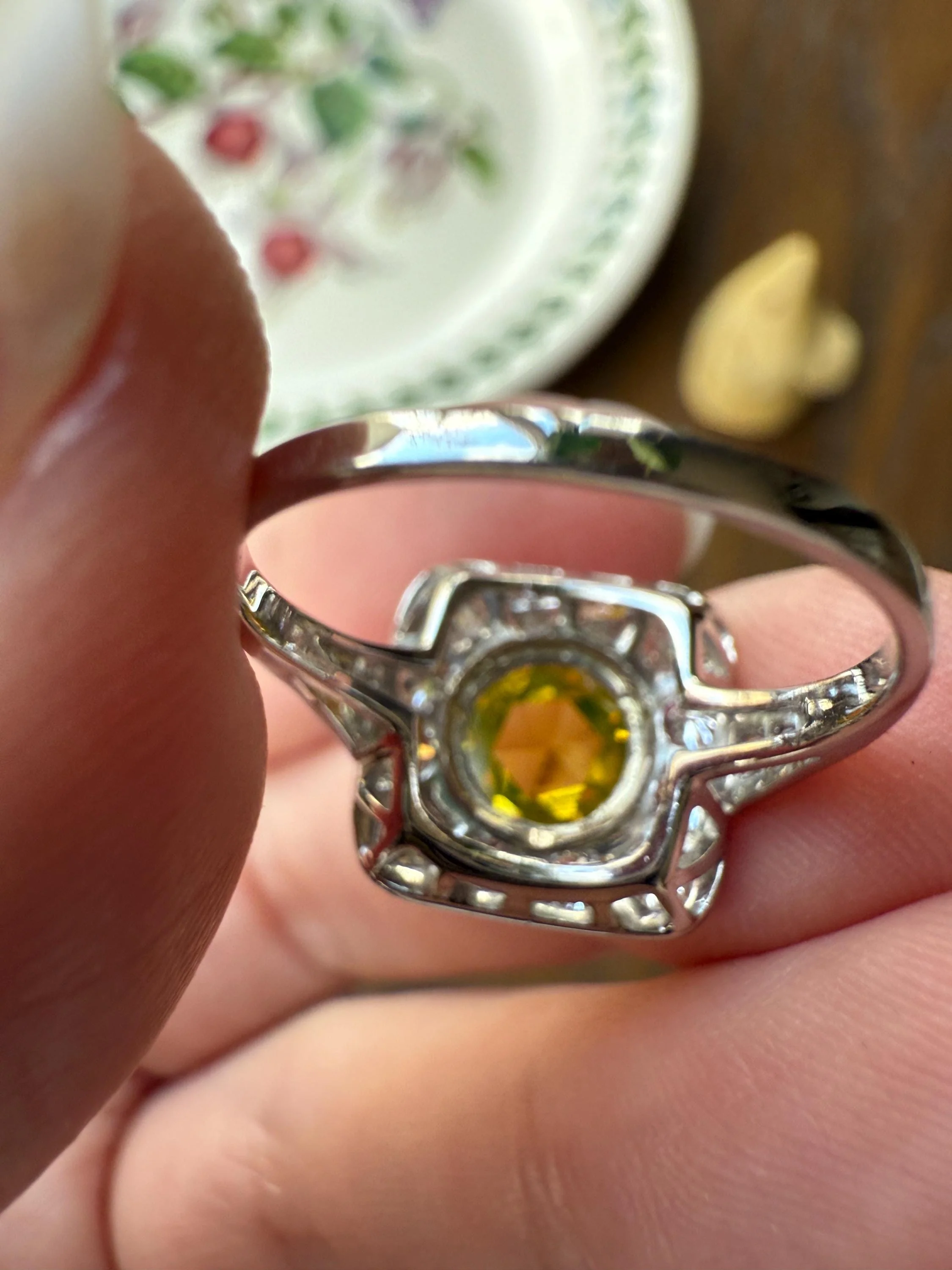 Vintage .8 Carat Fancy Greenish Yellow Natural ROSE CUT Diamond 1.8 Ctw Transitional Cut Boxed Cobblestone Panel Ring Platinum Lemon Lime - Image 20